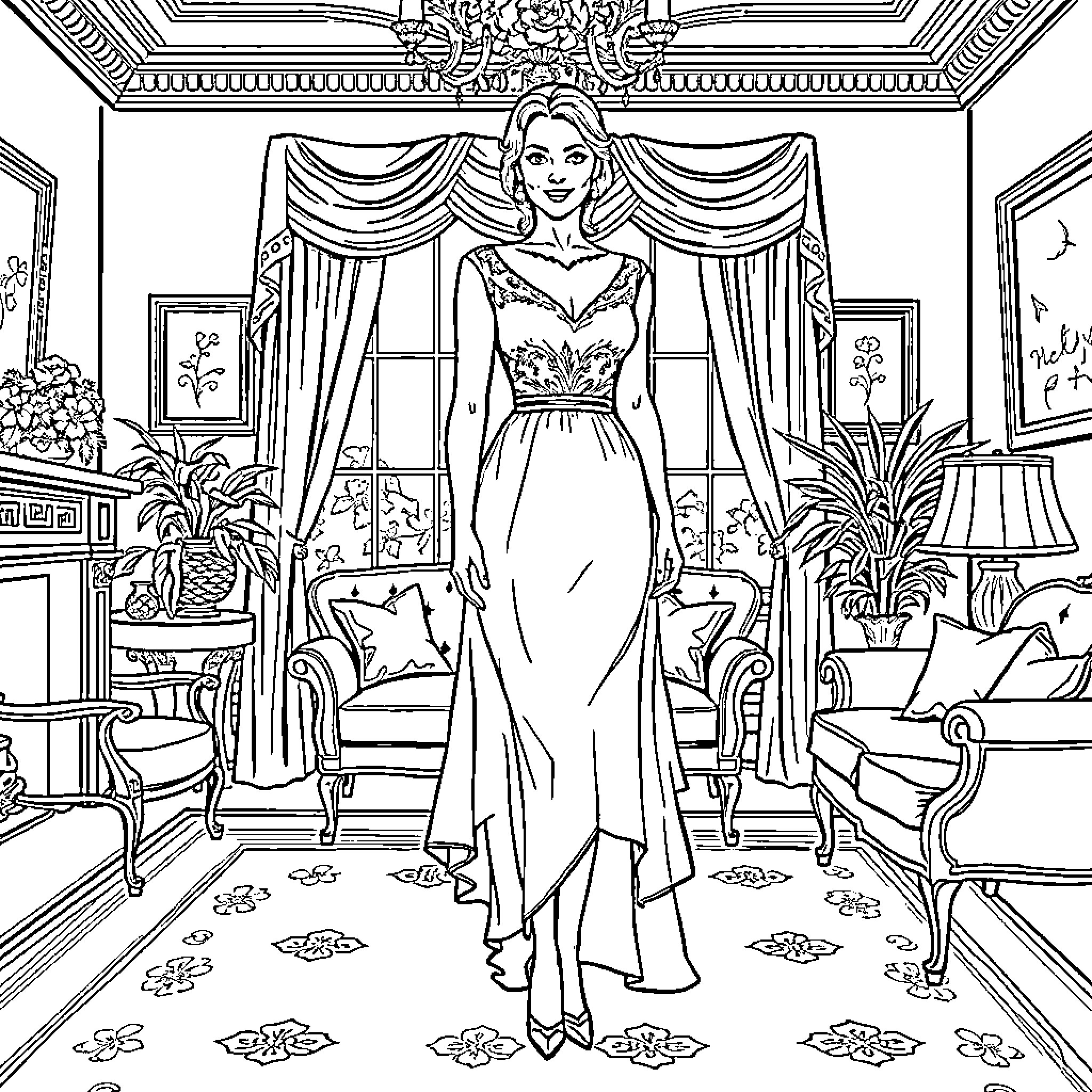 Penelope Bridgerton standing elegantly in a lavish drawing room Coloring Page (free black-and-white line drawing printable PDF for all, from beginners to advanced learners, including children, teens, adults, and seniors)