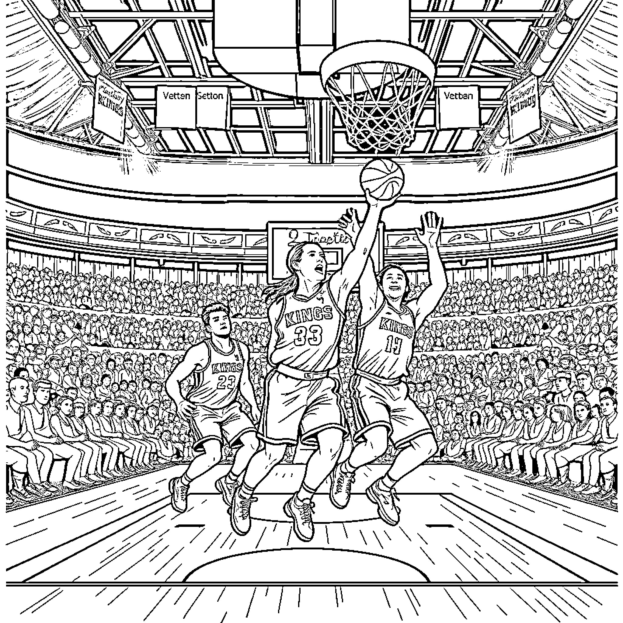 Sacramento Kings Basketball Players in Action Coloring Page (free black-and-white line drawing printable PDF for all, from beginners to advanced learners, including children, teens, adults, and seniors)