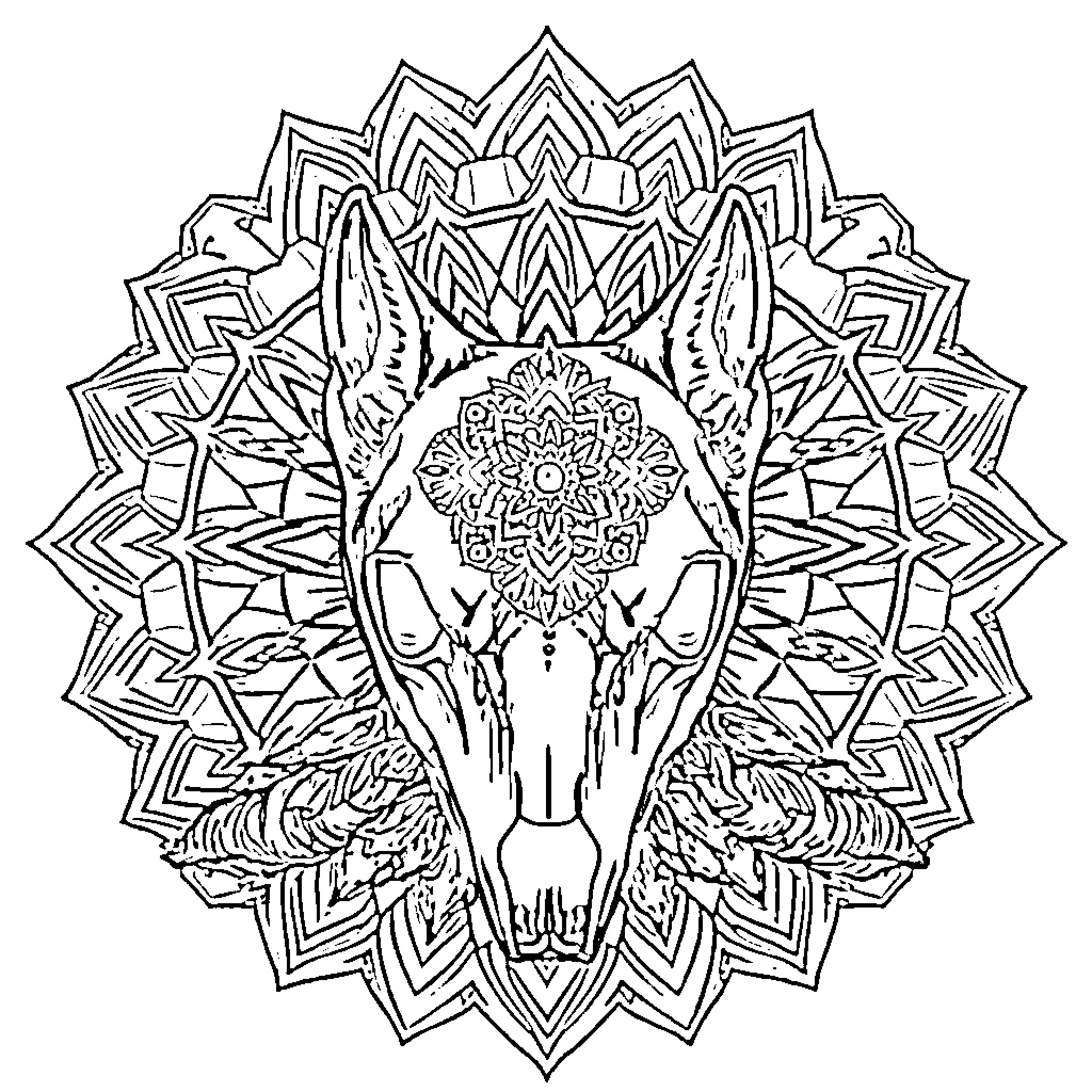Wolf Skull in Ornate Mandala Design Coloring Page (free black-and-white line drawing printable PDF for all, from beginners to advanced learners, including children, teens, adults, and seniors)