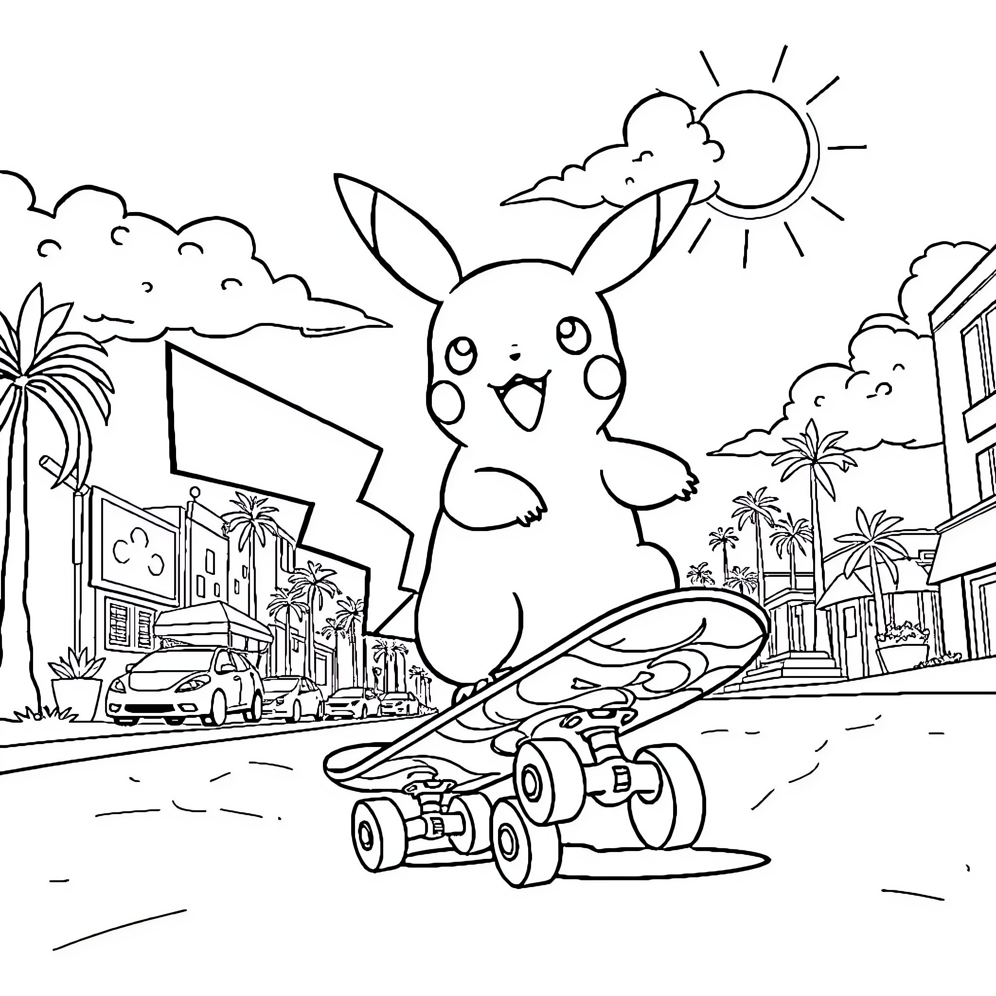 Pikachu riding a skateboard in a sunny city Coloring Page (free black-and-white line drawing printable PDF for all, from beginners to advanced learners, including children, teens, adults, and seniors)