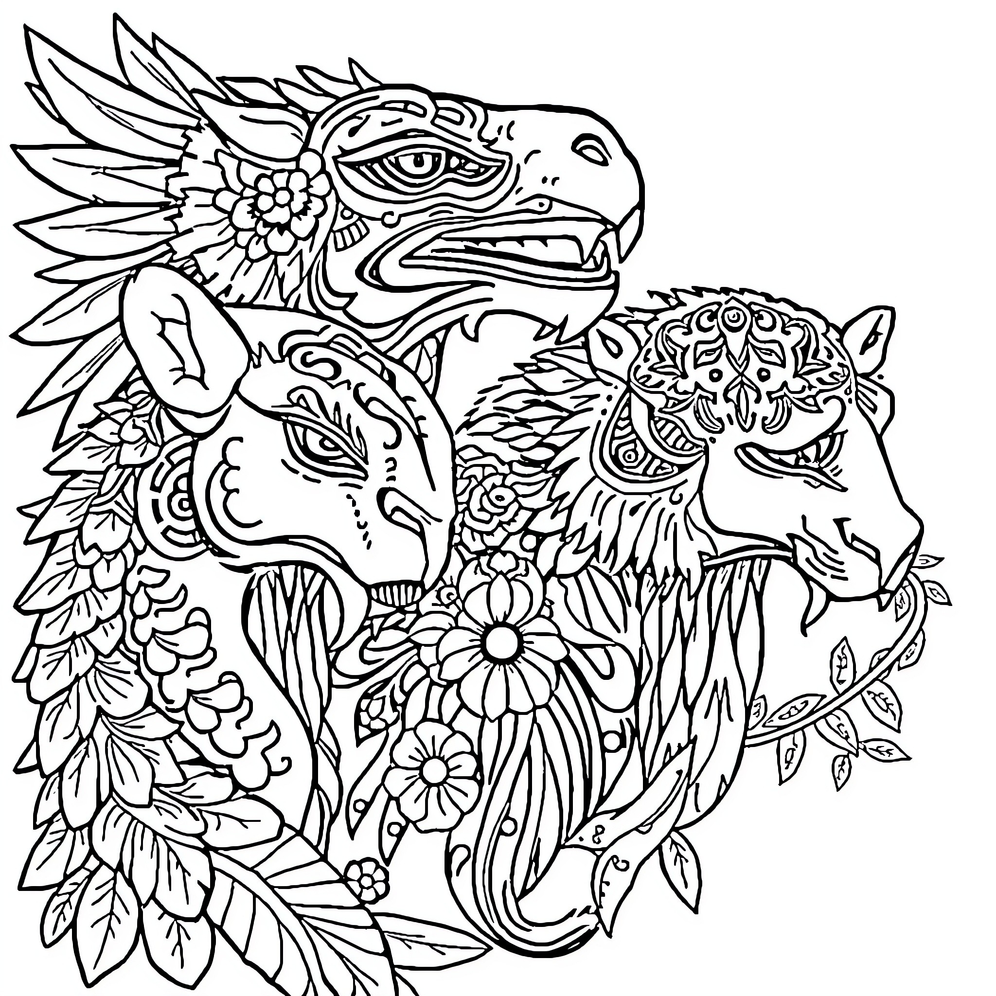 Animal Portraits with Floral Patterns Coloring Page (free black-and-white line drawing printable PDF for all, from beginners to advanced learners, including children, teens, adults, and seniors)