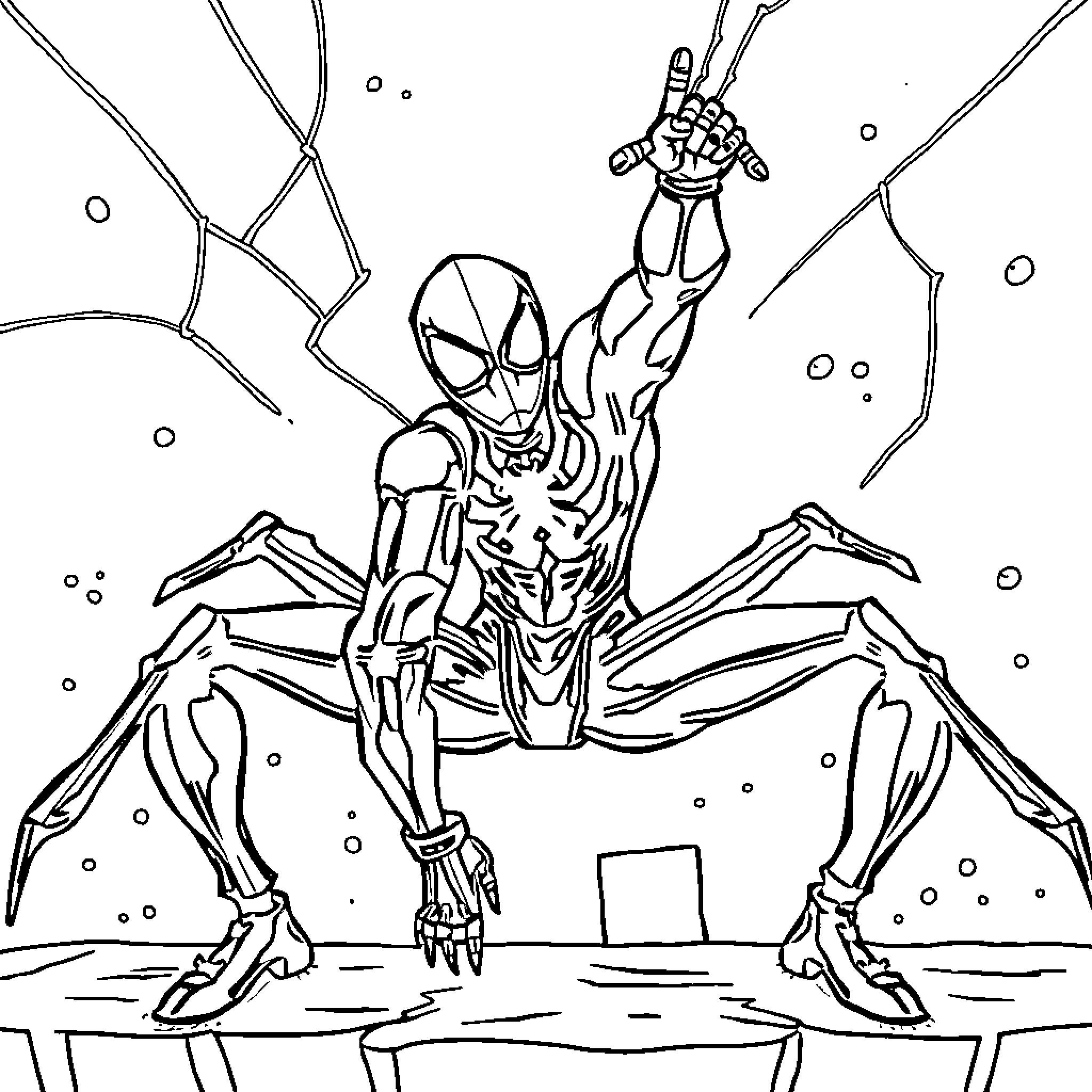 Spider-like Creature in Menacing Pose Coloring Page (free black-and-white line drawing printable PDF for all, from beginners to advanced learners, including children, teens, adults, and seniors)