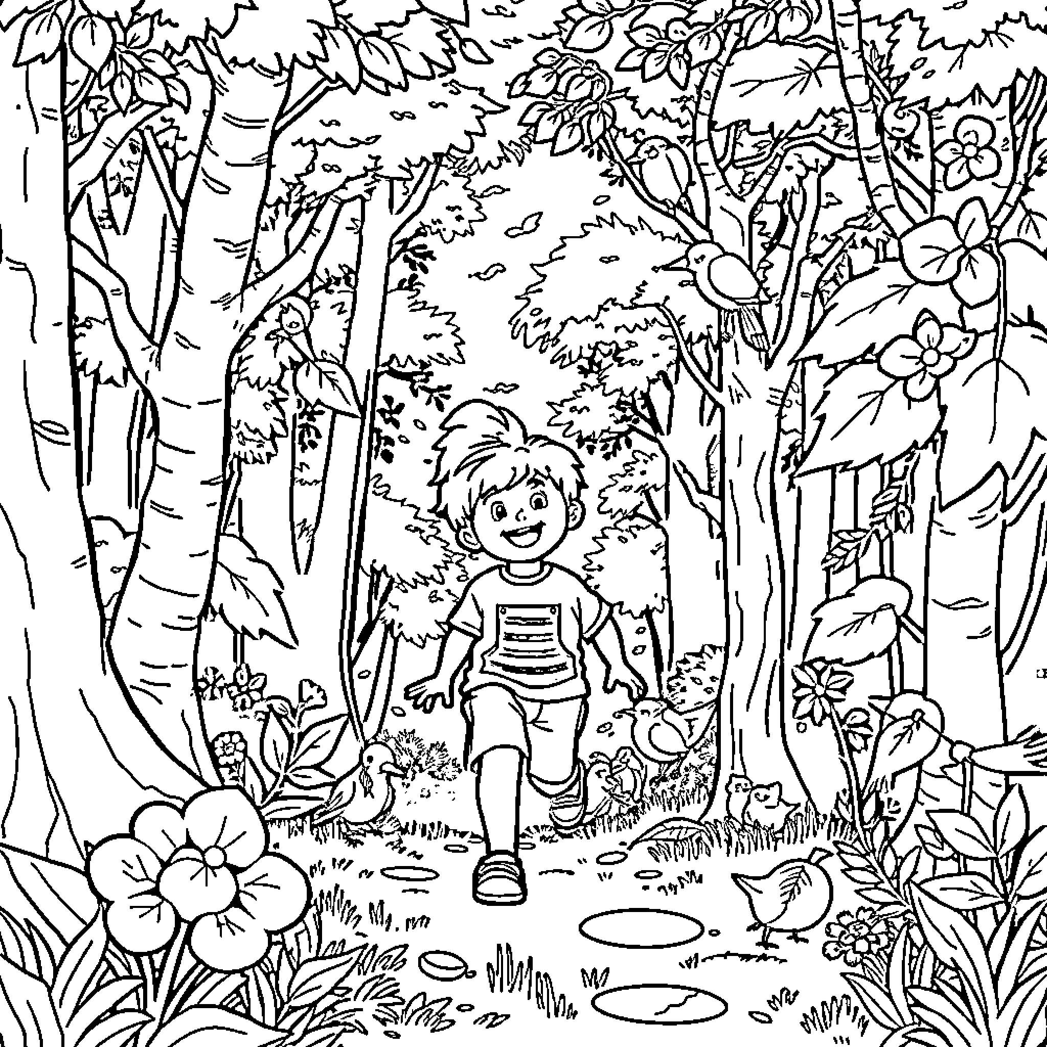 Child exploring a lush forest with flowers Coloring Page (free black-and-white line drawing printable PDF for all, from beginners to advanced learners, including children, teens, adults, and seniors)