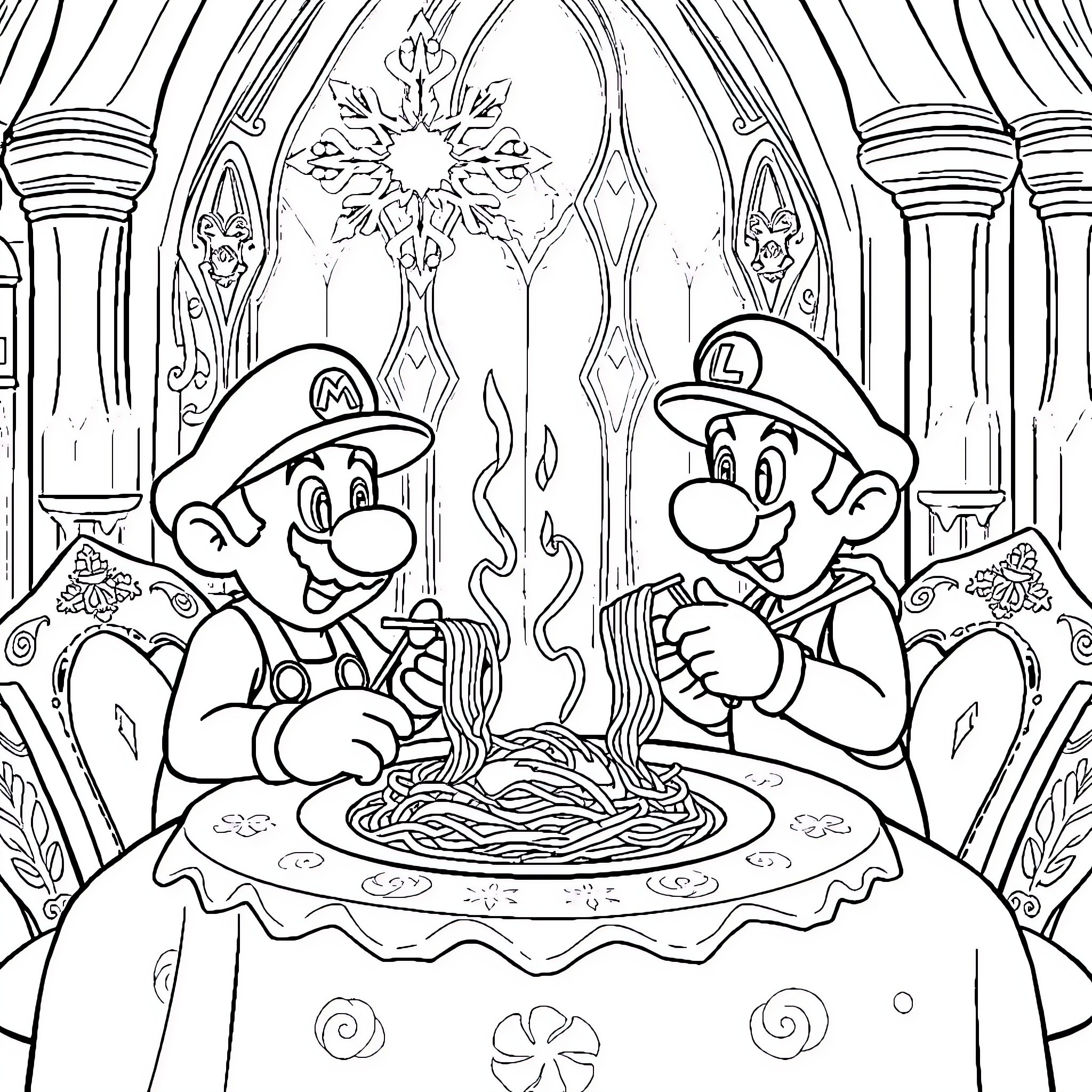 Mario Brothers Enjoying Pasta in Castle Coloring Page (free black-and-white line drawing printable PDF for all, from beginners to advanced learners, including children, teens, adults, and seniors)