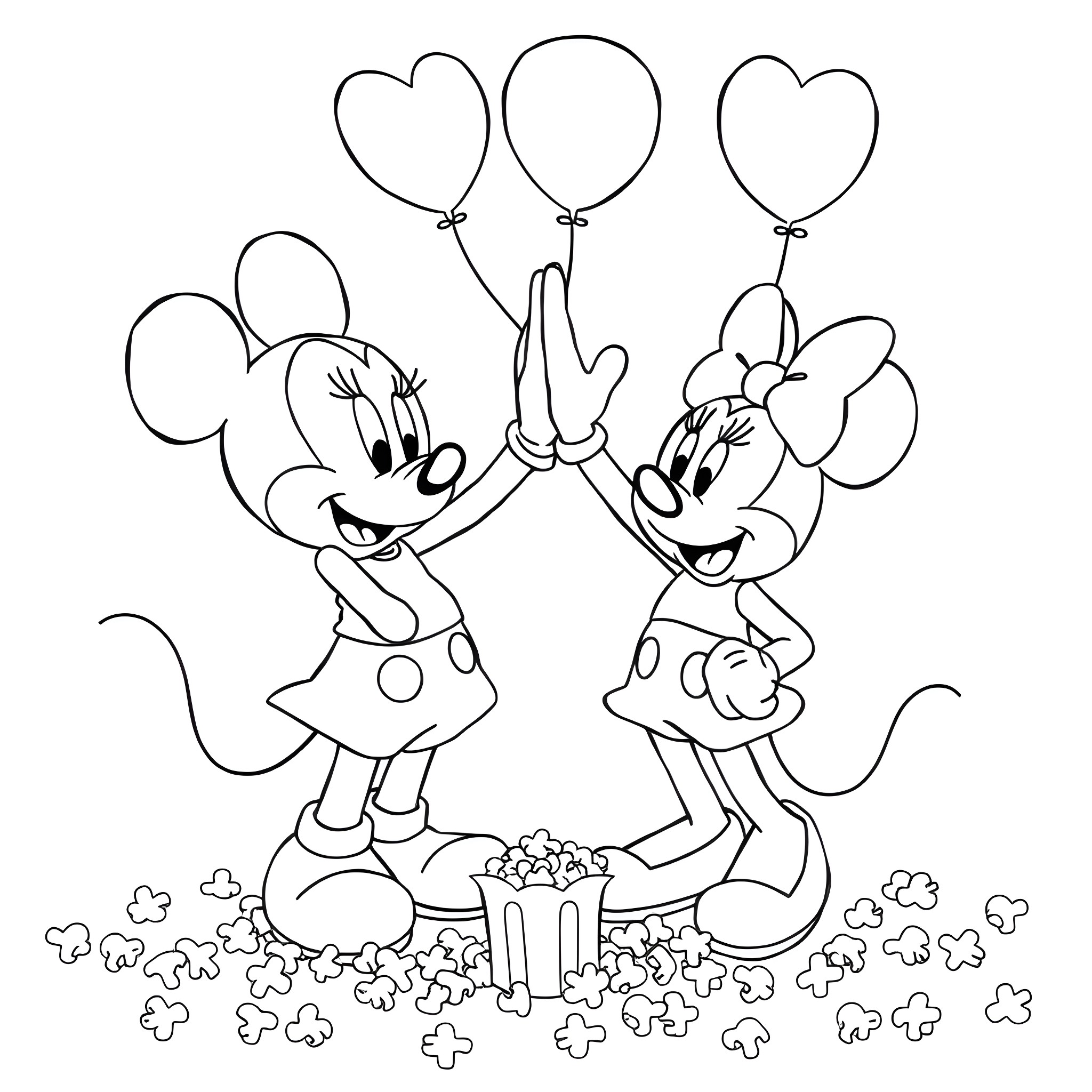 Bluey and Minnie Mouse Holding Heart-Shaped Balloons Coloring Page (free black-and-white line drawing printable PDF for all, from beginners to advanced learners, including children, teens, adults, and seniors)