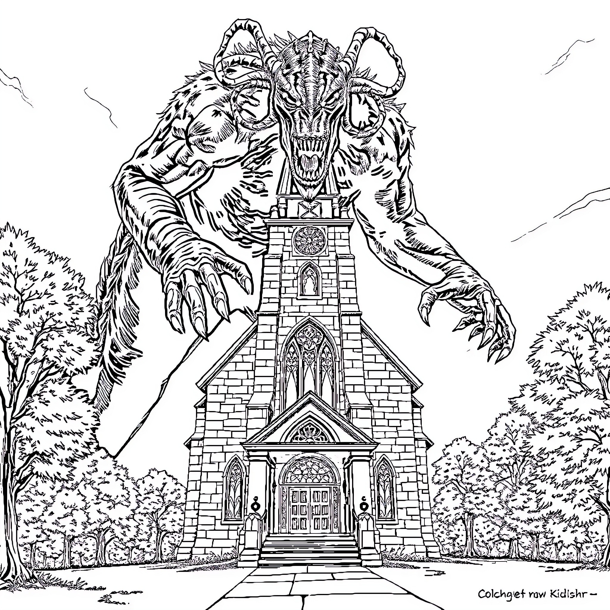 Grendel Attacking a Towering Cathedral Coloring Page (free black-and-white line drawing printable PDF for all, from beginners to advanced learners, including children, teens, adults, and seniors)