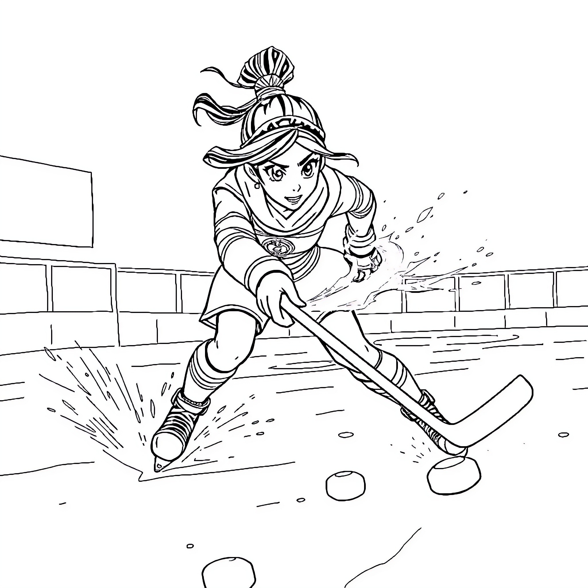 Korra skating on ice with determination Coloring Page (free black-and-white line drawing printable PDF for all, from beginners to advanced learners, including children, teens, adults, and seniors)