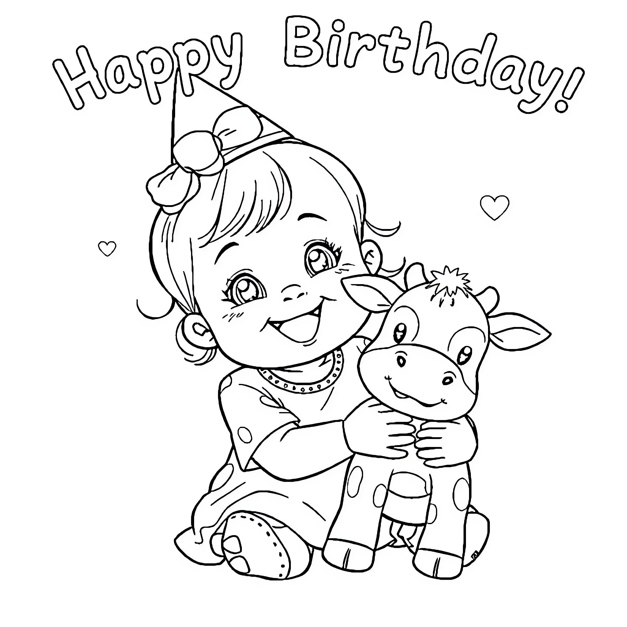 Baby Girl Celebrating Birthday with Cute Stuffed Animal Coloring Page (free black-and-white line drawing printable PDF for all, from beginners to advanced learners, including children, teens, adults, and seniors)