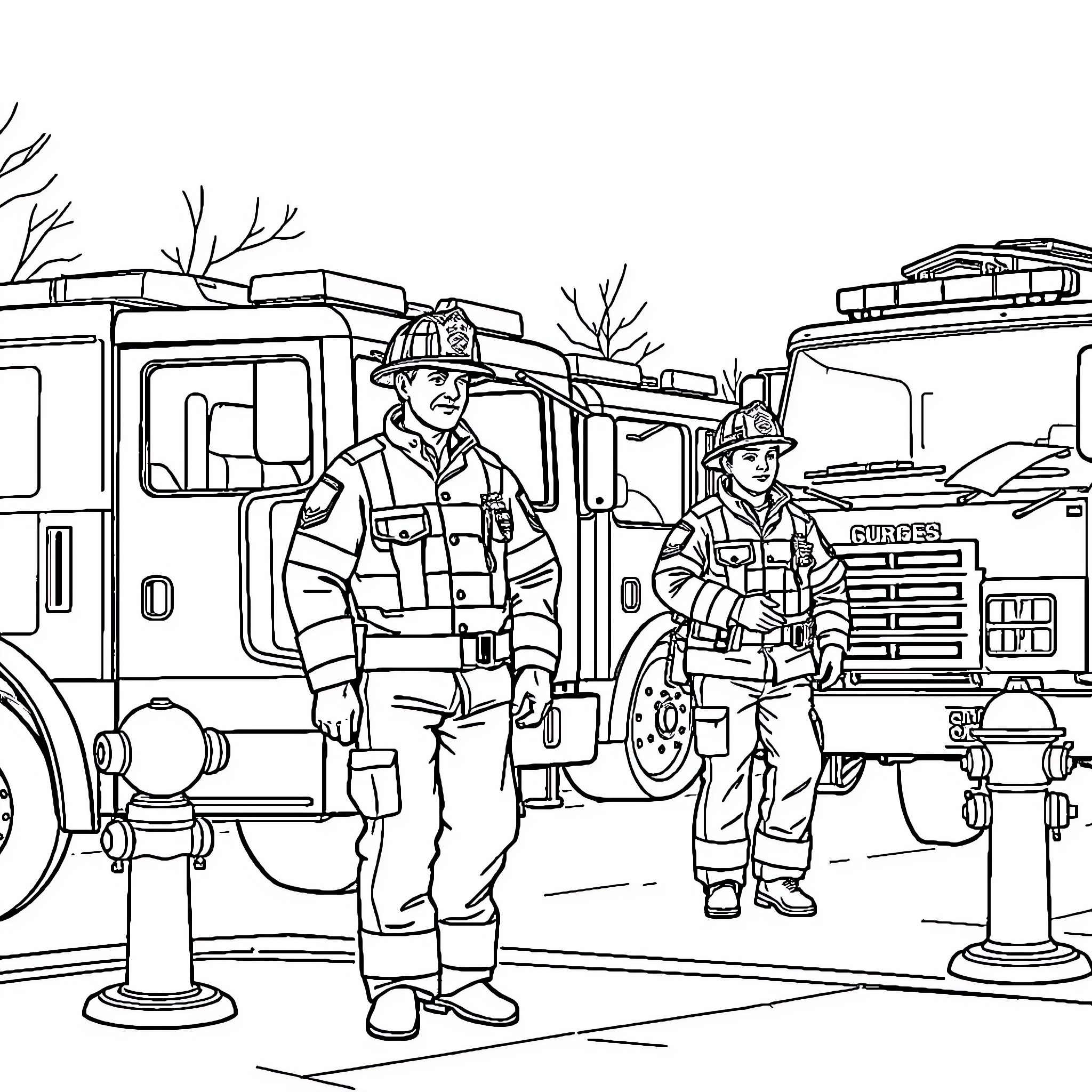 Firefighters in action at the scene Coloring Page (free black-and-white line drawing printable PDF for all, from beginners to advanced learners, including children, teens, adults, and seniors)