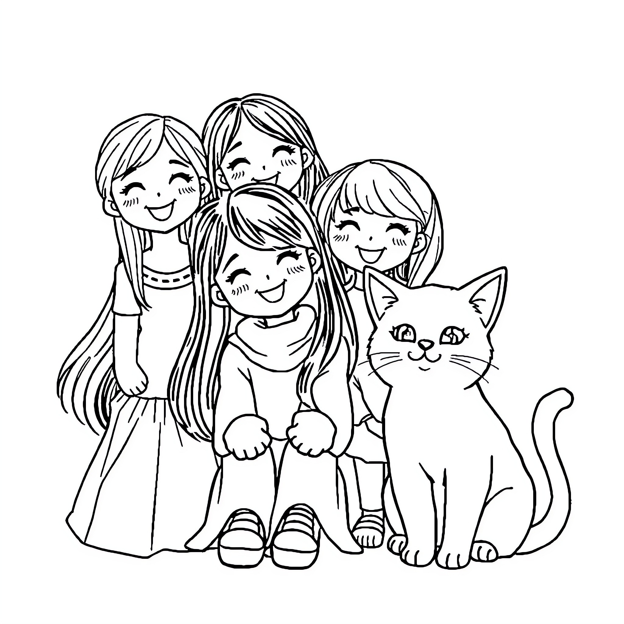 Cat and girls enjoying fun time together Coloring Page (free black-and-white line drawing printable PDF for all, from beginners to advanced learners, including children, teens, adults, and seniors)
