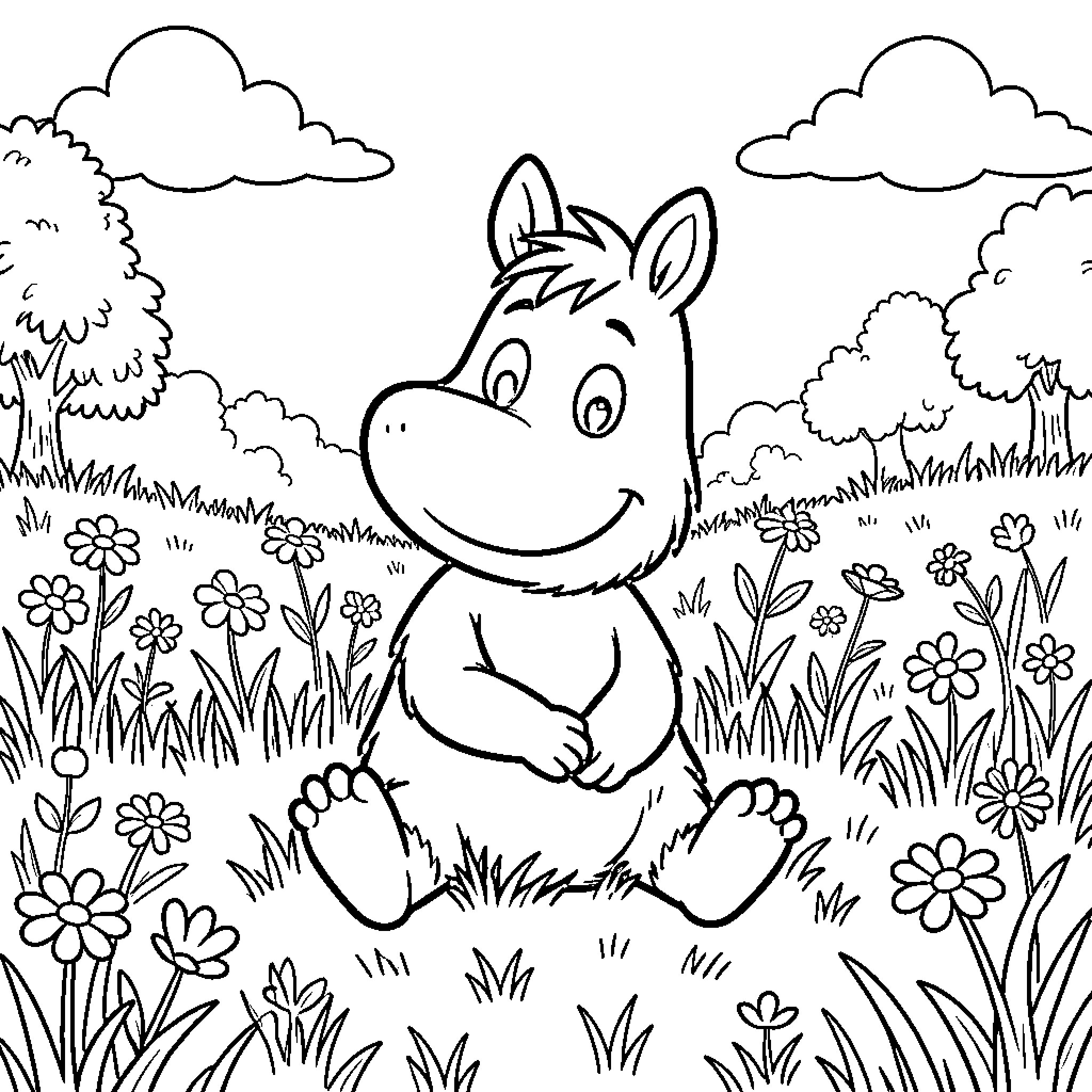 Mumin relaxing in a flowery meadow Coloring Page (free black-and-white line drawing printable PDF for all, from beginners to advanced learners, including children, teens, adults, and seniors)