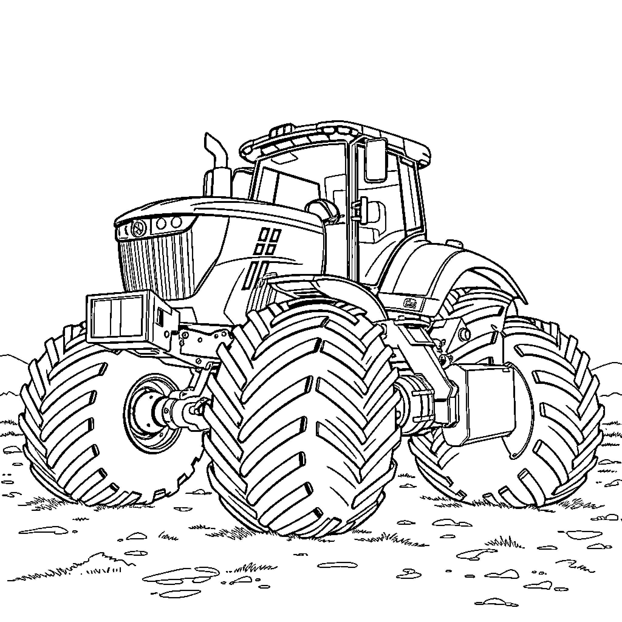 Tractor working on muddy field Coloring Page (free black-and-white line drawing printable PDF for all, from beginners to advanced learners, including children, teens, adults, and seniors)