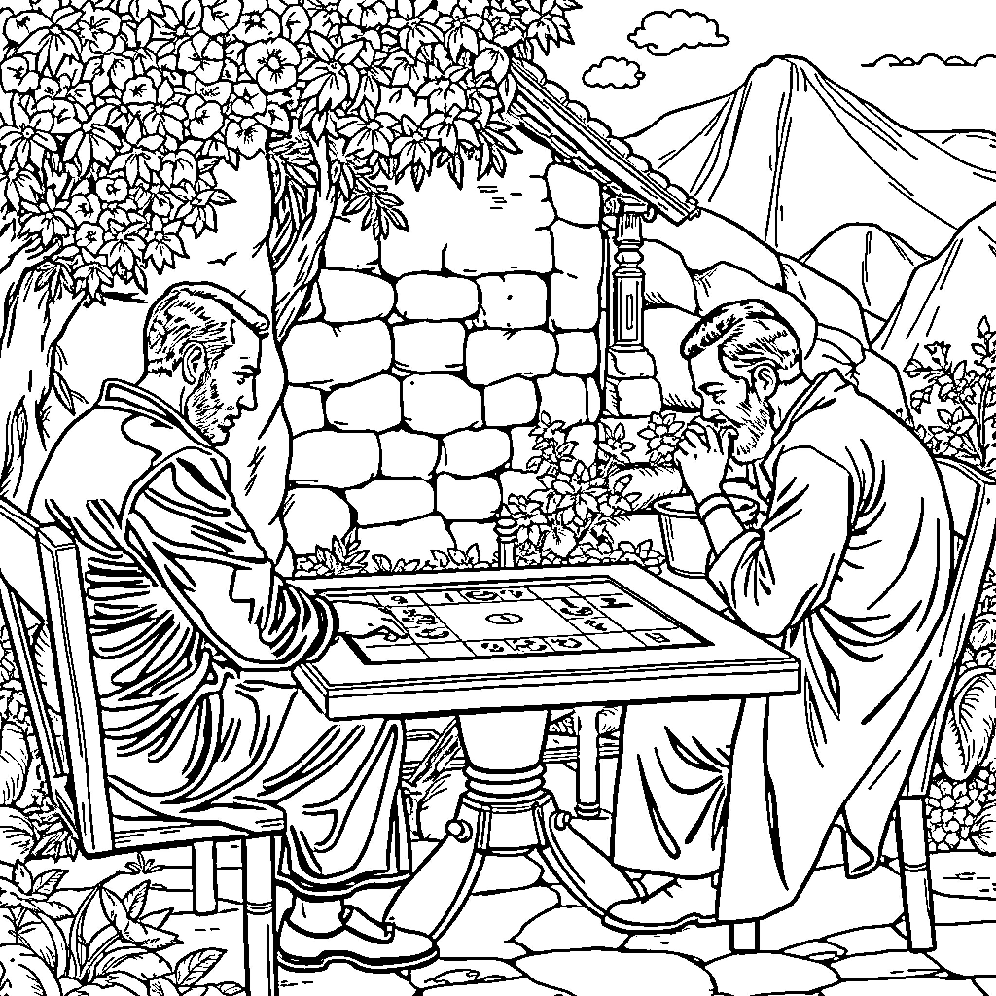 Ludo game under shady trees in a serene landscape Coloring Page (free black-and-white line drawing printable PDF for all, from beginners to advanced learners, including children, teens, adults, and seniors)