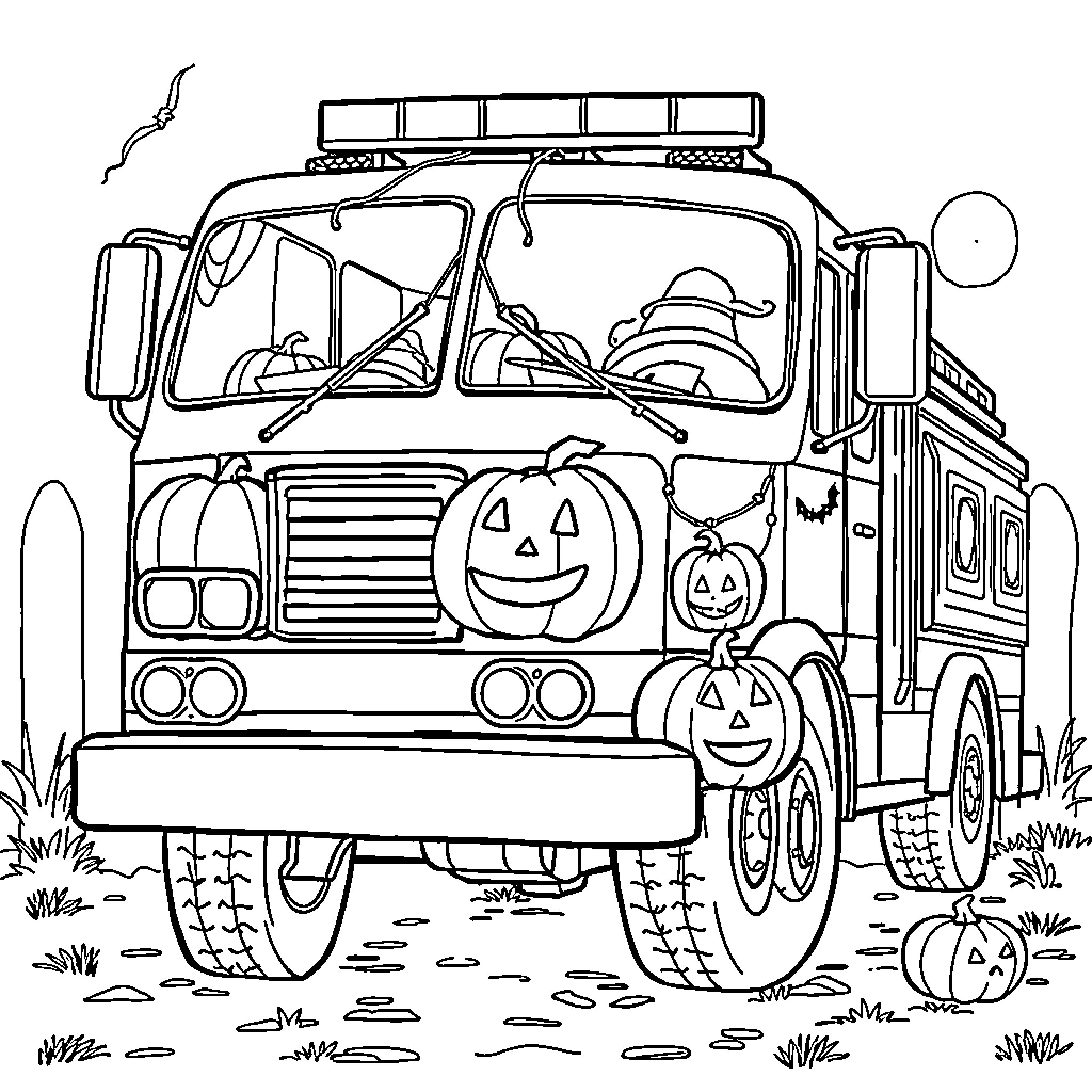 Fire Truck transporting Halloween decorations Coloring Page (free black-and-white line drawing printable PDF for all, from beginners to advanced learners, including children, teens, adults, and seniors)