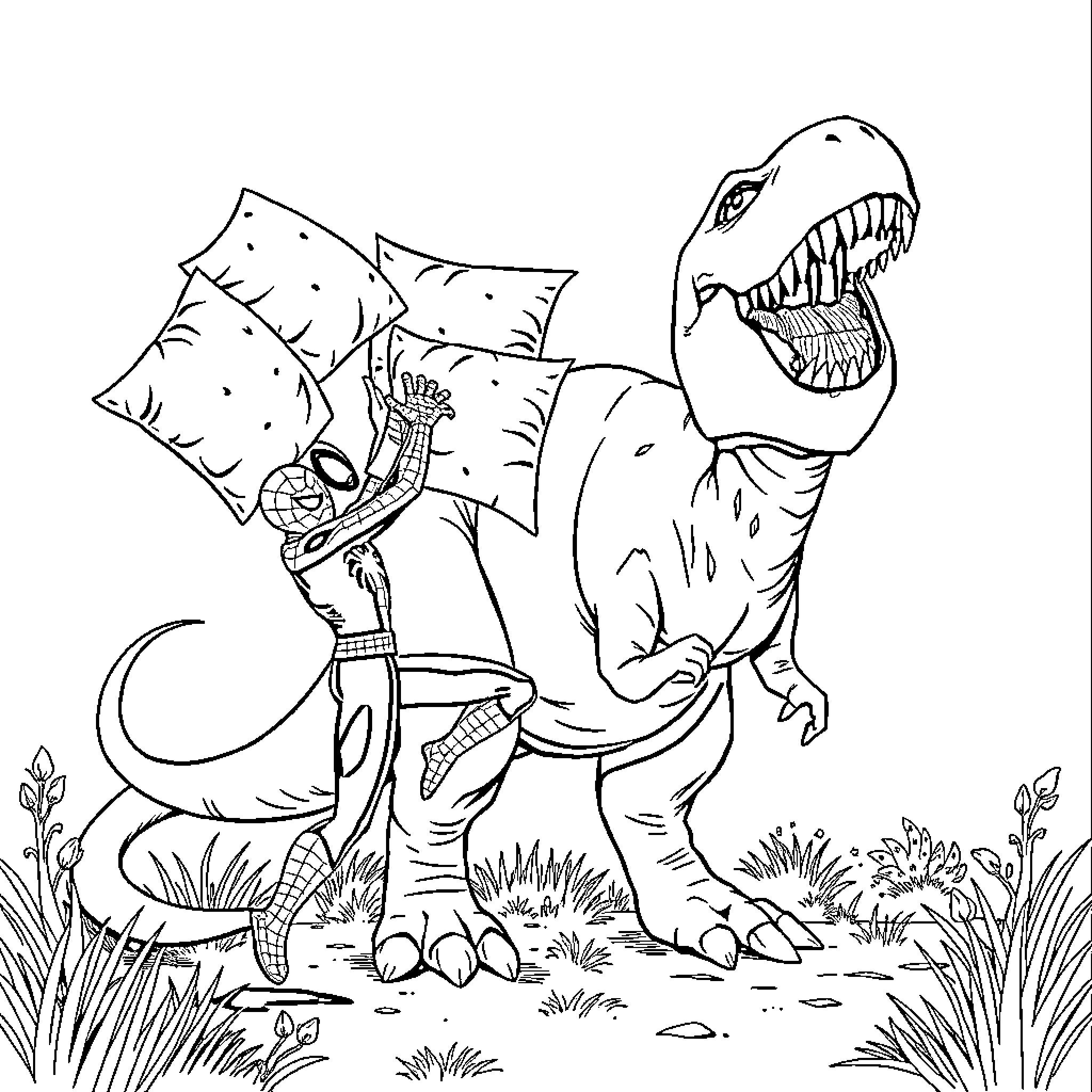 Spider-Man battles ferocious dinosaur in rugged landscape Coloring Page (free black-and-white line drawing printable PDF for all, from beginners to advanced learners, including children, teens, adults, and seniors)