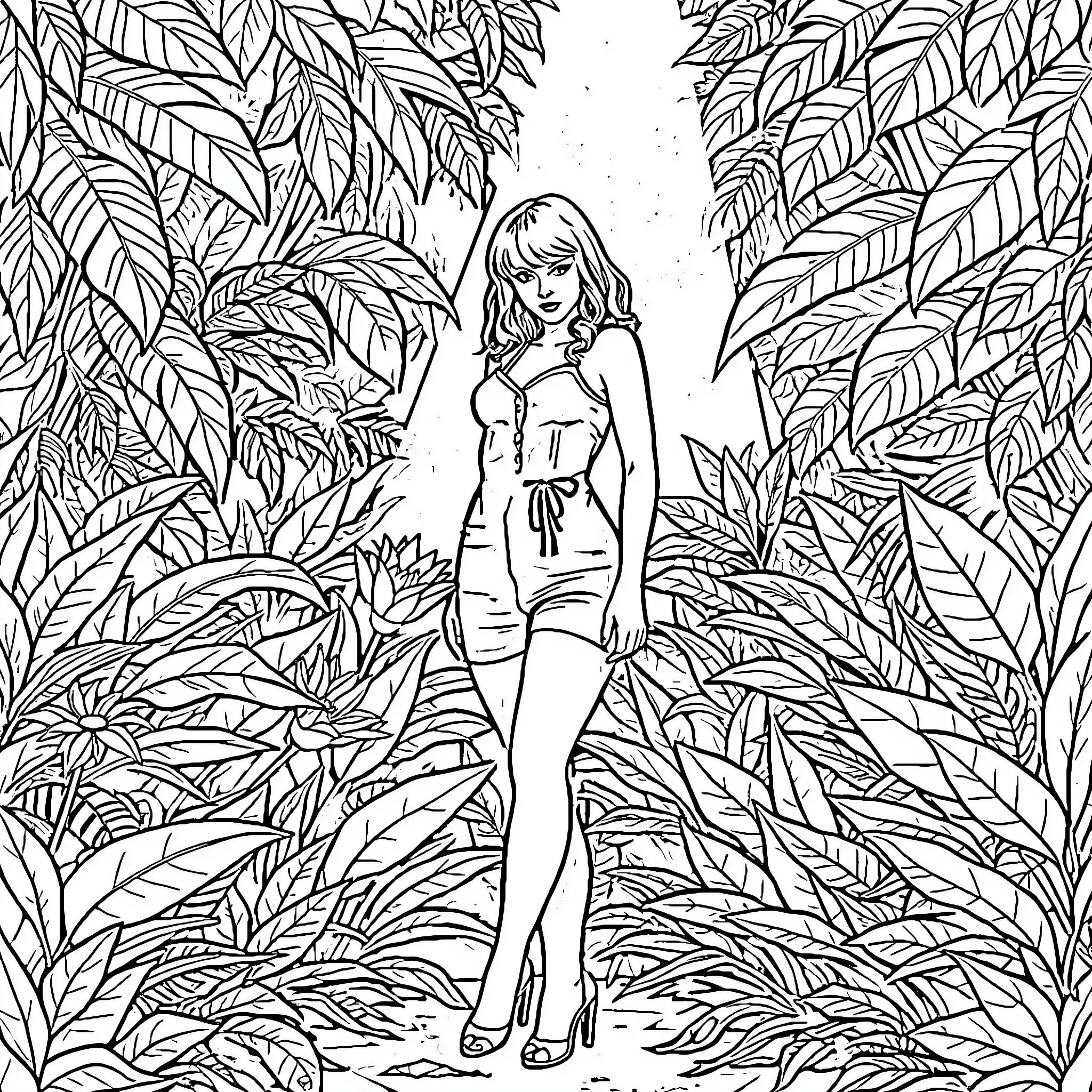 Taylor Swift's Tropical Adventure Coloring Page (free black-and-white line drawing printable PDF for all, from beginners to advanced learners, including children, teens, adults, and seniors)
