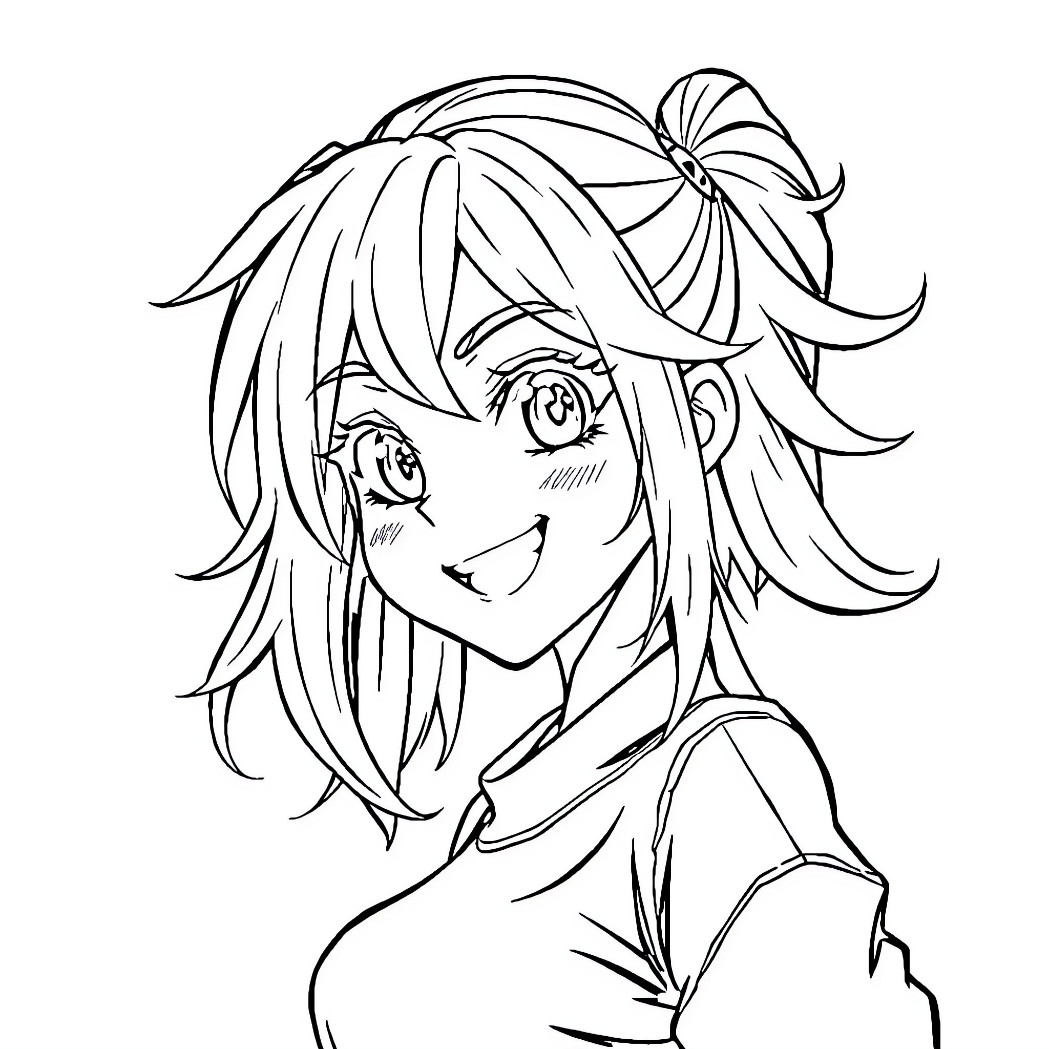 Anime Girl with Expressive Features and Unique Hairstyle Coloring Page (free black-and-white line drawing printable PDF for all, from beginners to advanced learners, including children, teens, adults, and seniors)