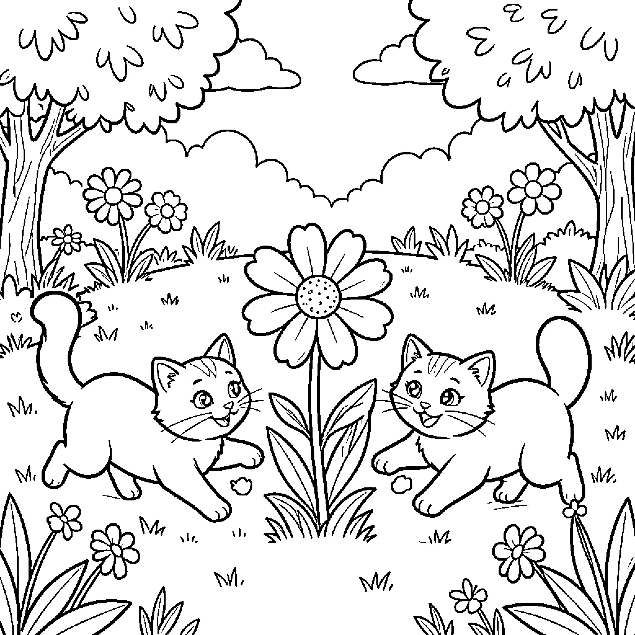 Gato Kittens Frolicking in Floral Garden Coloring Page (free black-and-white line drawing printable PDF for all, from beginners to advanced learners, including children, teens, adults, and seniors)