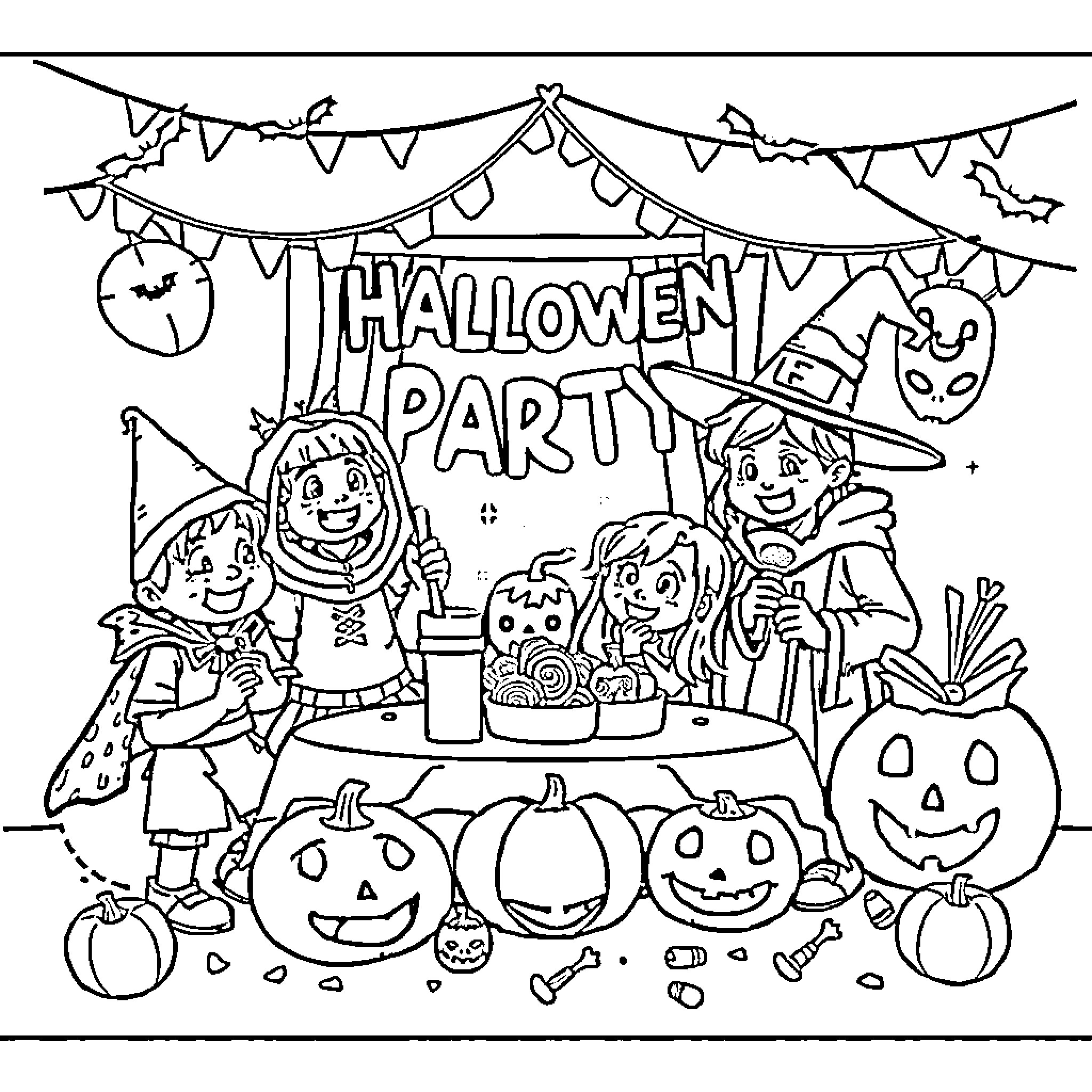 Halloween Party Celebration with Costumed Children Coloring Page (free black-and-white line drawing printable PDF for all, from beginners to advanced learners, including children, teens, adults, and seniors)