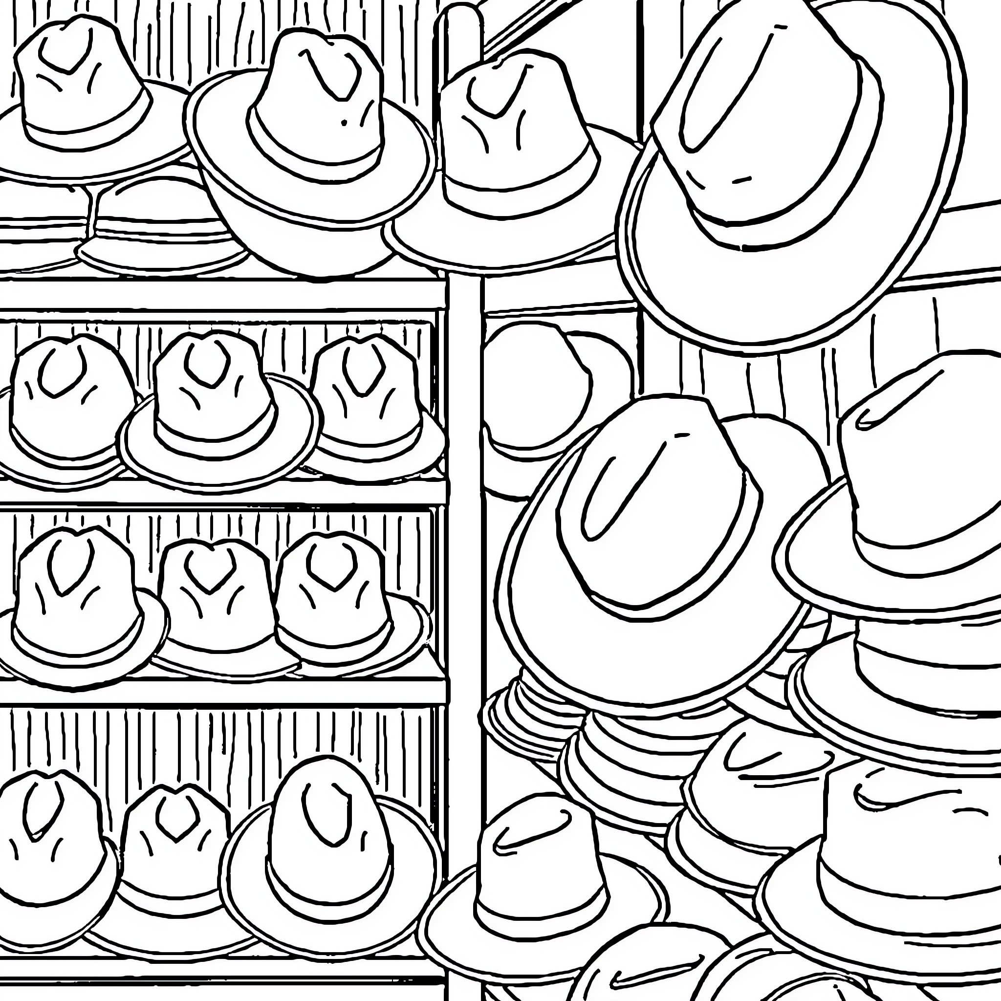 Hat Display of Various Styles and Designs Coloring Page (free black-and-white line drawing printable PDF for all, from beginners to advanced learners, including children, teens, adults, and seniors)