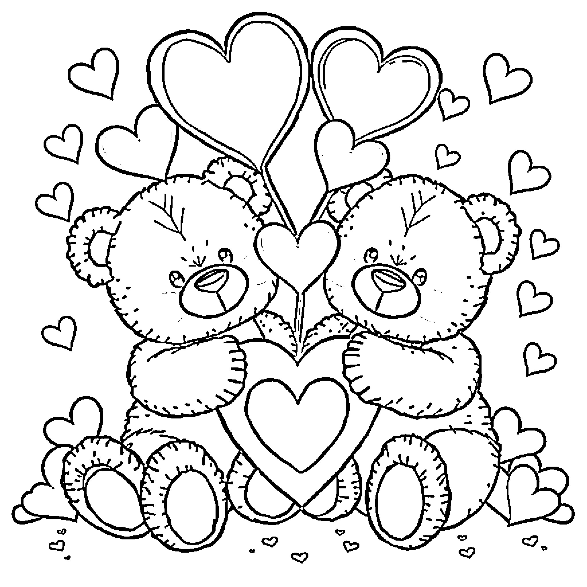Heart-shaped bears in a loving embrace Coloring Page (free black-and-white line drawing printable PDF for all, from beginners to advanced learners, including children, teens, adults, and seniors)