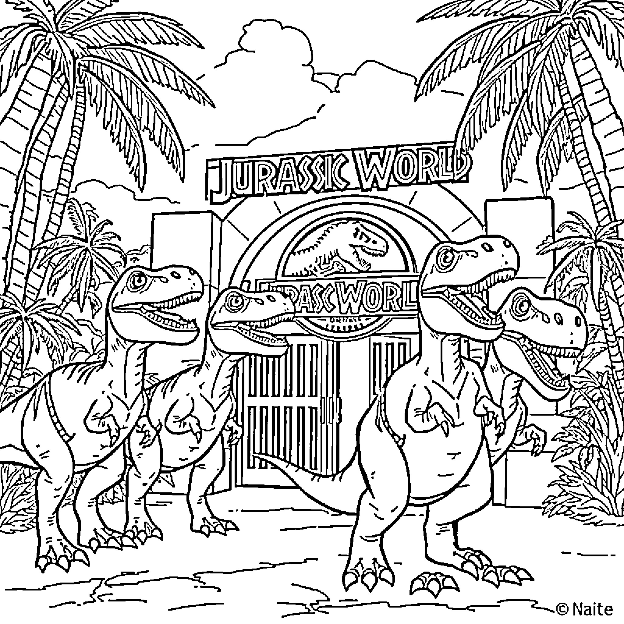 Velociraptor Dinosaurs in Jurassic World Park Coloring Page (free black-and-white line drawing printable PDF for all, from beginners to advanced learners, including children, teens, adults, and seniors)