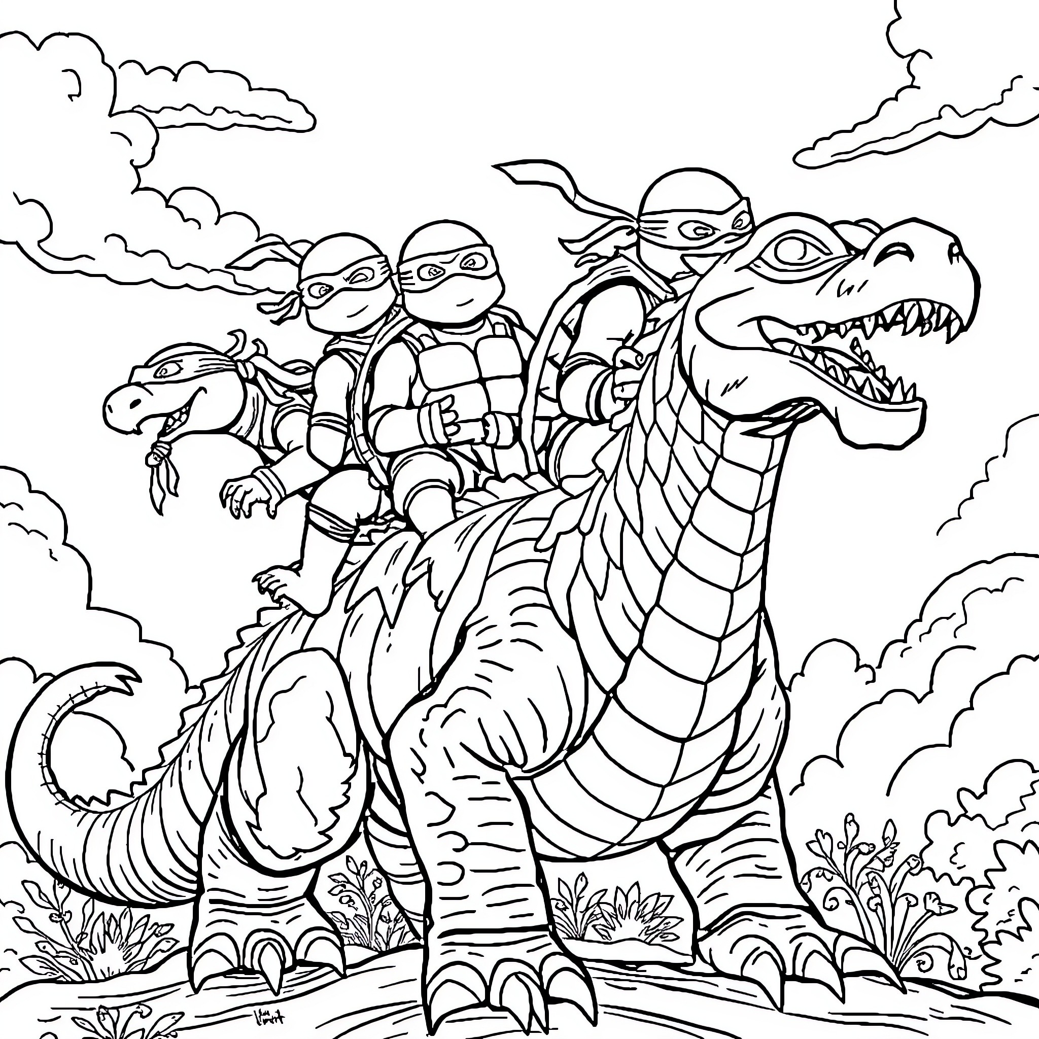 Ninja Turtles riding a fearsome dragon Coloring Page (free black-and-white line drawing printable PDF for all, from beginners to advanced learners, including children, teens, adults, and seniors)