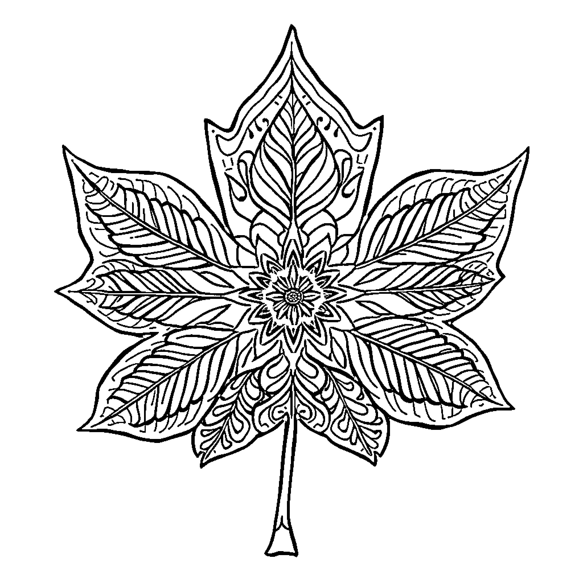Maple Leaf with Intricate Floral Design Coloring Page (free black-and-white line drawing printable PDF for all, from beginners to advanced learners, including children, teens, adults, and seniors)