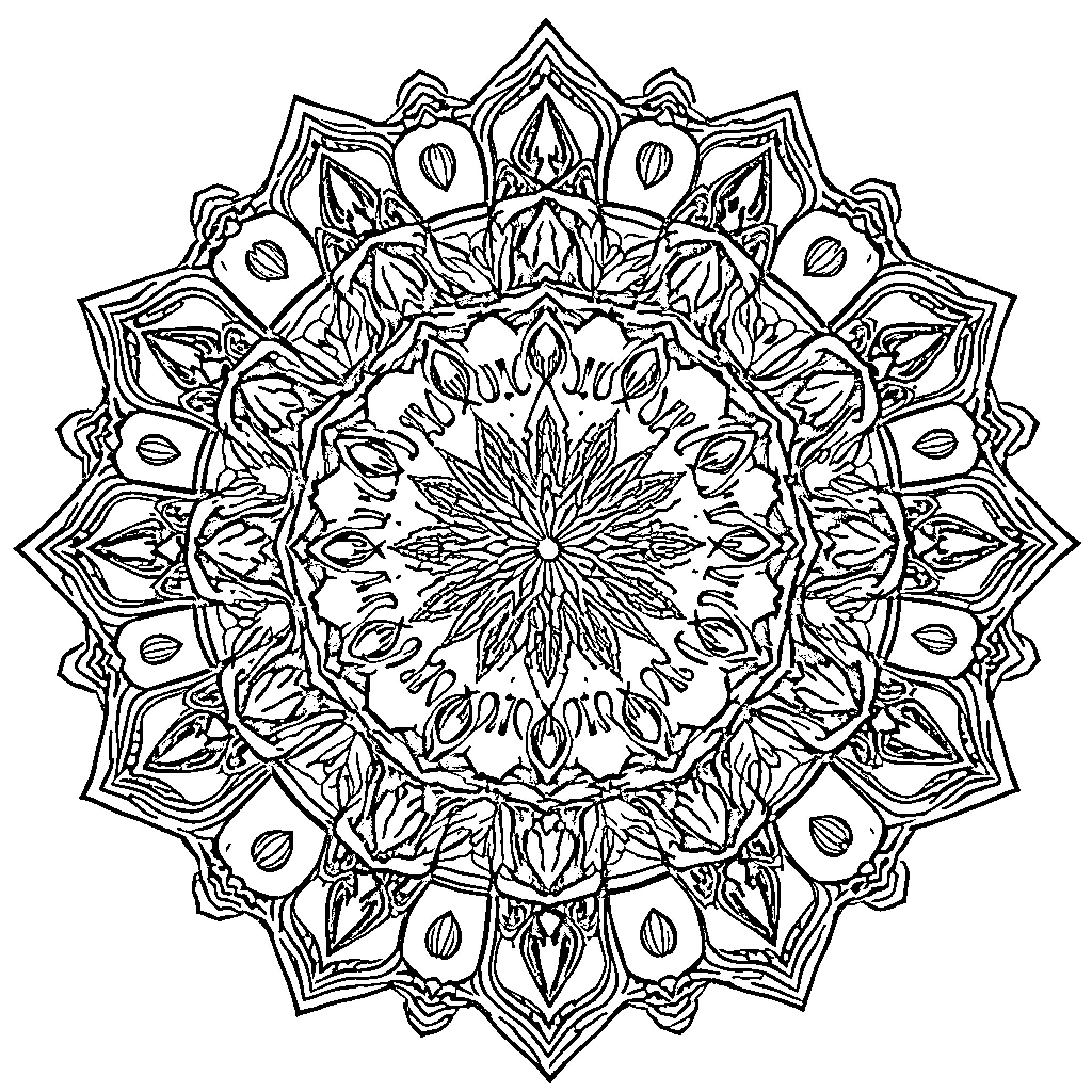 Mandala with intricate floral patterns Coloring Page (free black-and-white line drawing printable PDF for all, from beginners to advanced learners, including children, teens, adults, and seniors)