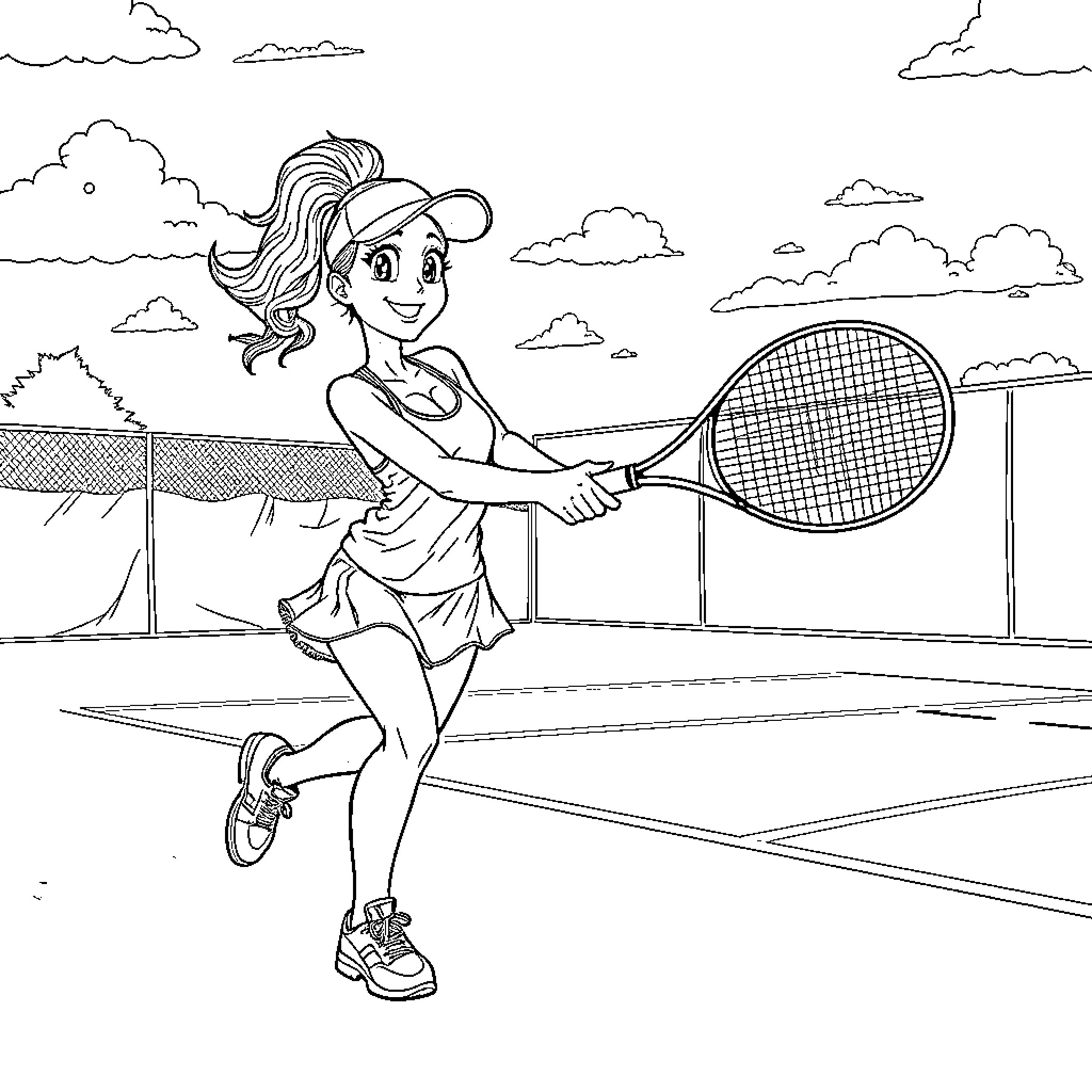 Sommer Ray enjoying a tennis match outdoors Coloring Page (free black-and-white line drawing printable PDF for all, from beginners to advanced learners, including children, teens, adults, and seniors)