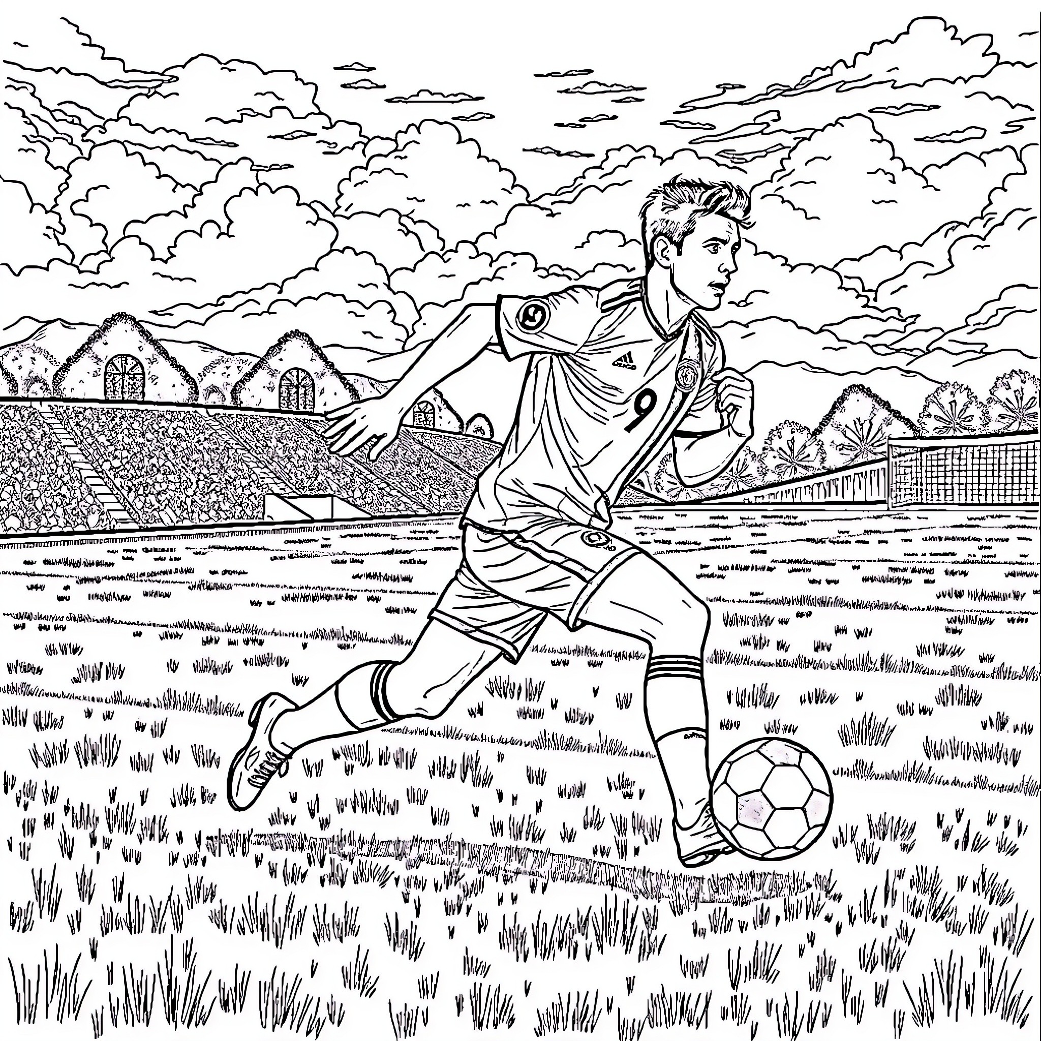 Cr7 Footballer Dribbling with Determination on the Pitch Coloring Page (free black-and-white line drawing printable PDF for all, from beginners to advanced learners, including children, teens, adults, and seniors)