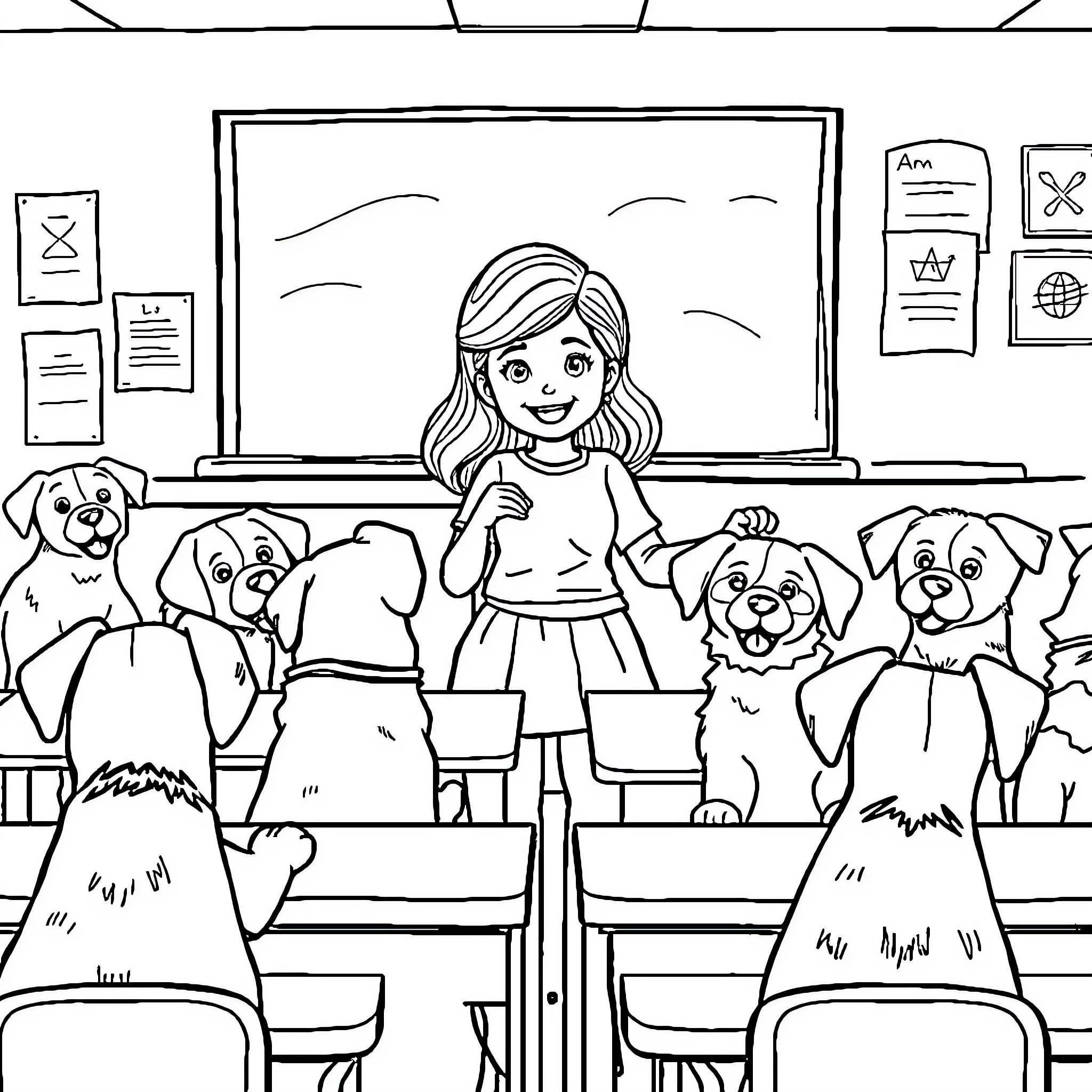 Girl teaching dogs in the classroom Coloring Page (free black-and-white line drawing printable PDF for all, from beginners to advanced learners, including children, teens, adults, and seniors)