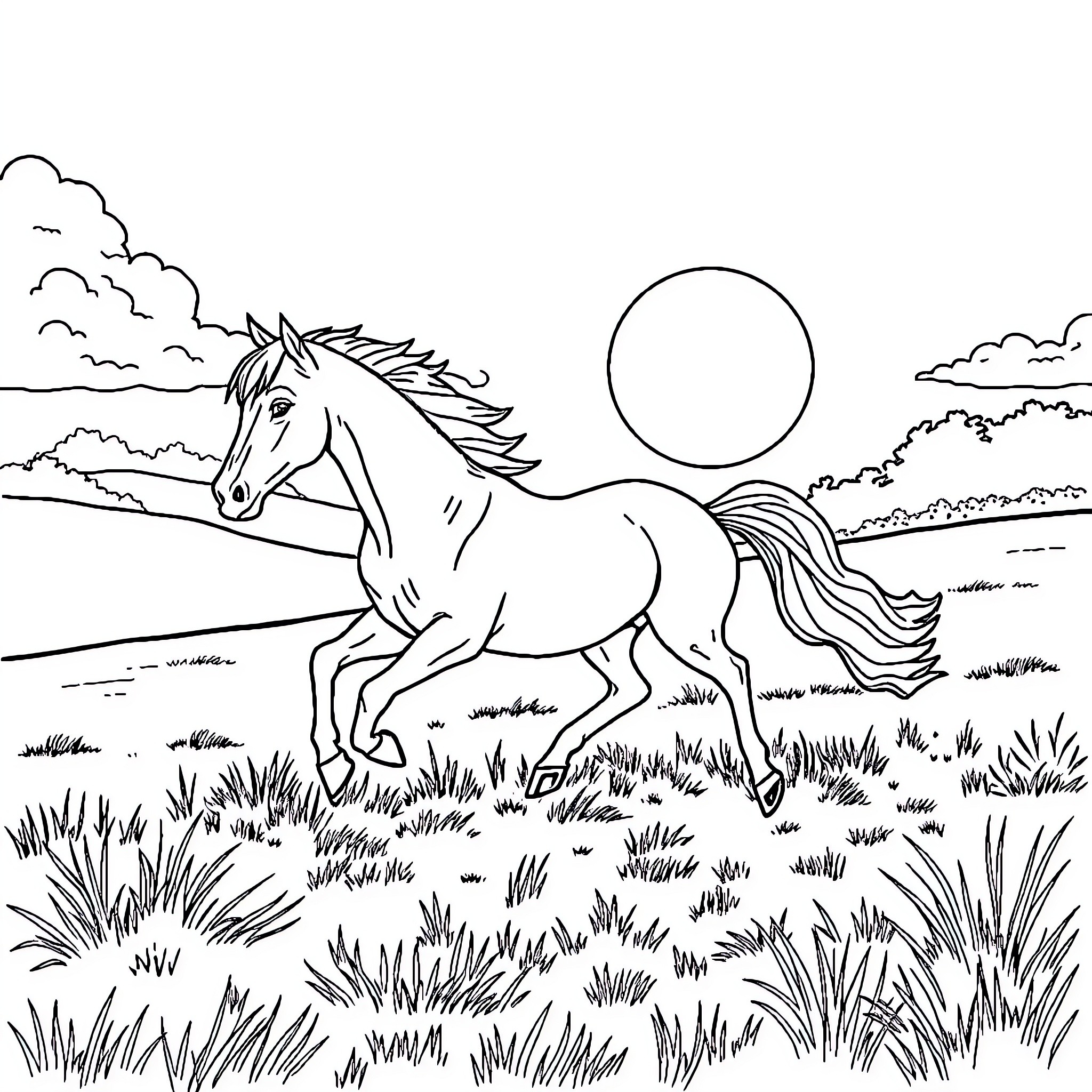 Horse running freely through the meadow Coloring Page (free black-and-white line drawing printable PDF for all, from beginners to advanced learners, including children, teens, adults, and seniors)