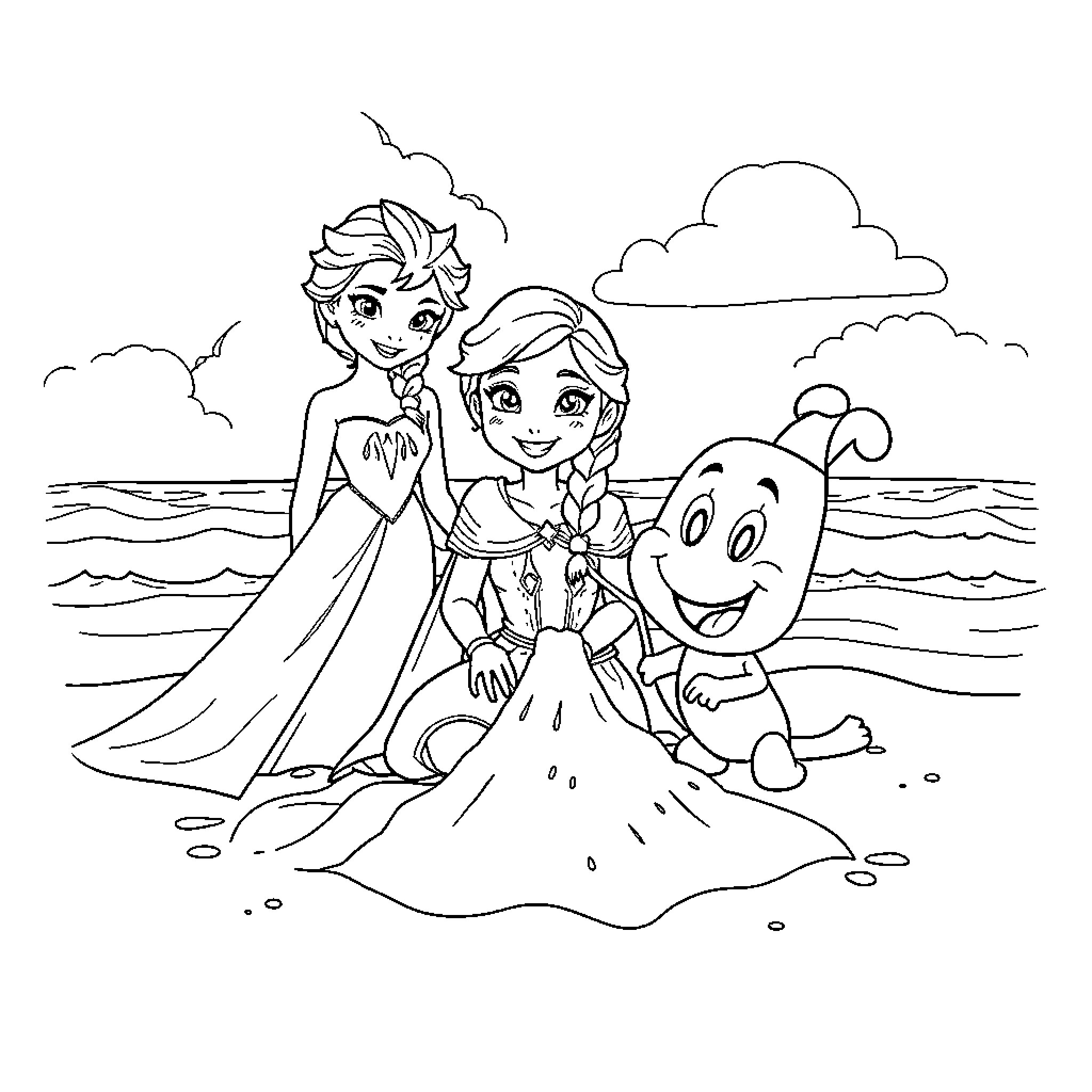 Characters playing at the beach on a sunny day Coloring Page (free black-and-white line drawing printable PDF for all, from beginners to advanced learners, including children, teens, adults, and seniors)