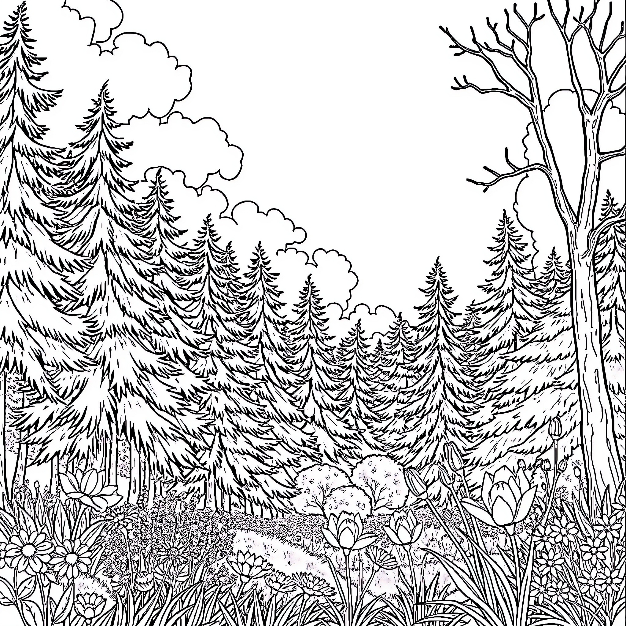 Nature's Enchanting Woodland Landscape Coloring Page (free black-and-white line drawing printable PDF for all, from beginners to advanced learners, including children, teens, adults, and seniors)