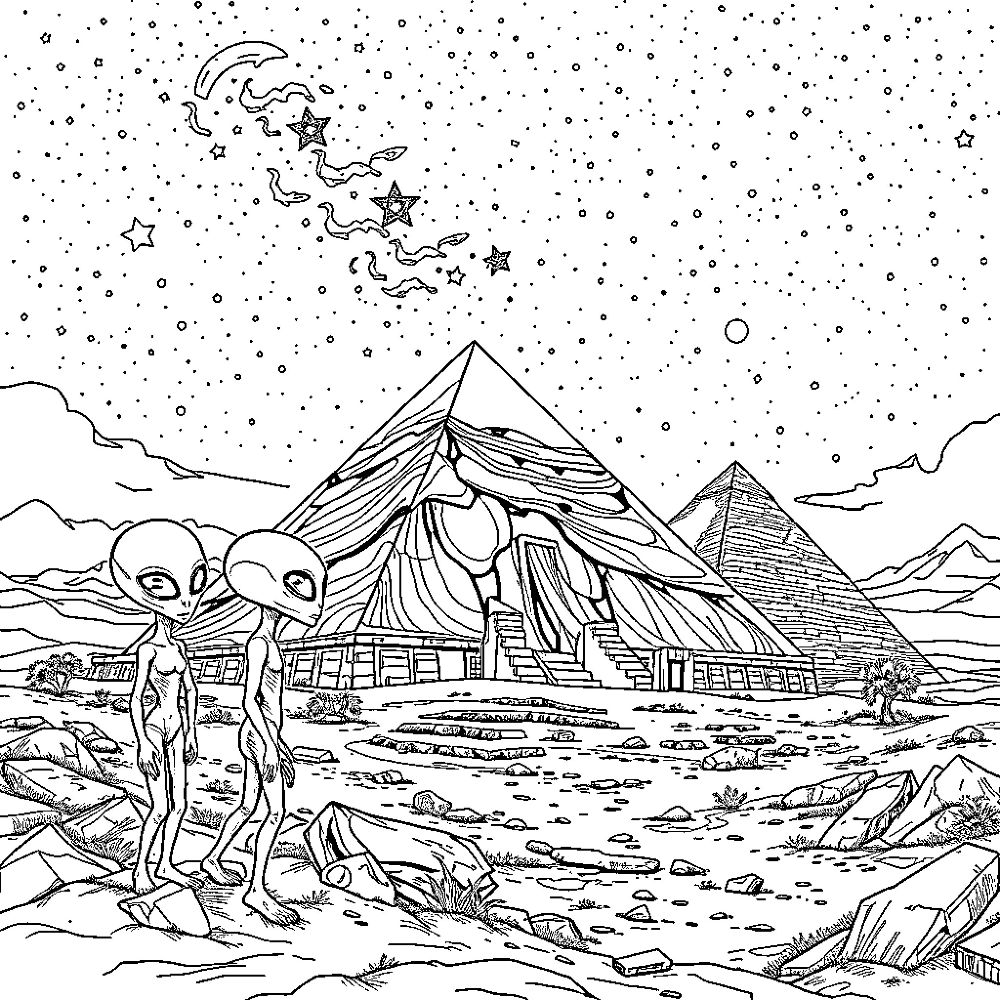 Alien encounter at the mysterious pyramids under the starry sky Coloring Page (free black-and-white line drawing printable PDF for all, from beginners to advanced learners, including children, teens, adults, and seniors)