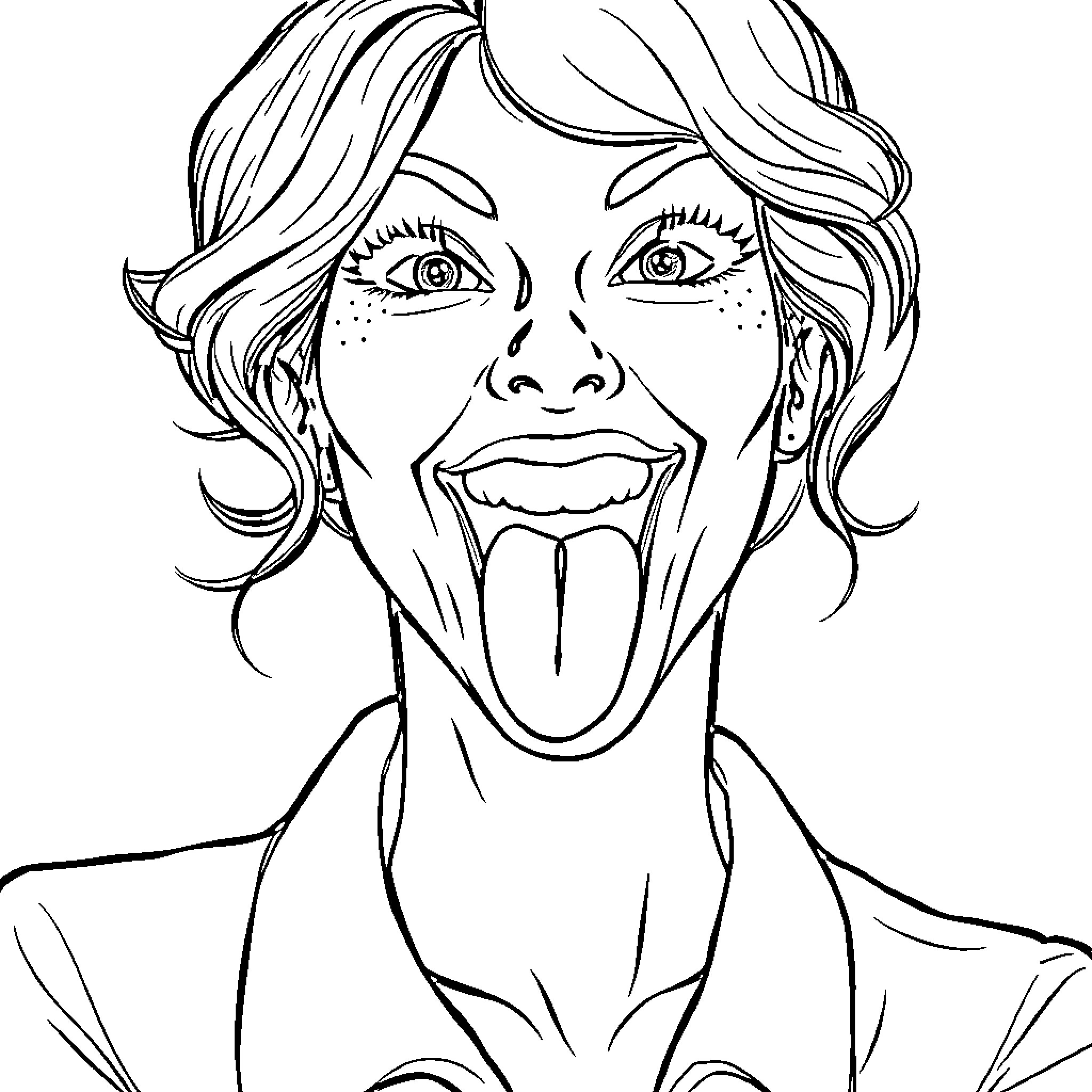 Woman with expressive face and disheveled hair Coloring Page (free black-and-white line drawing printable PDF for all, from beginners to advanced learners, including children, teens, adults, and seniors)