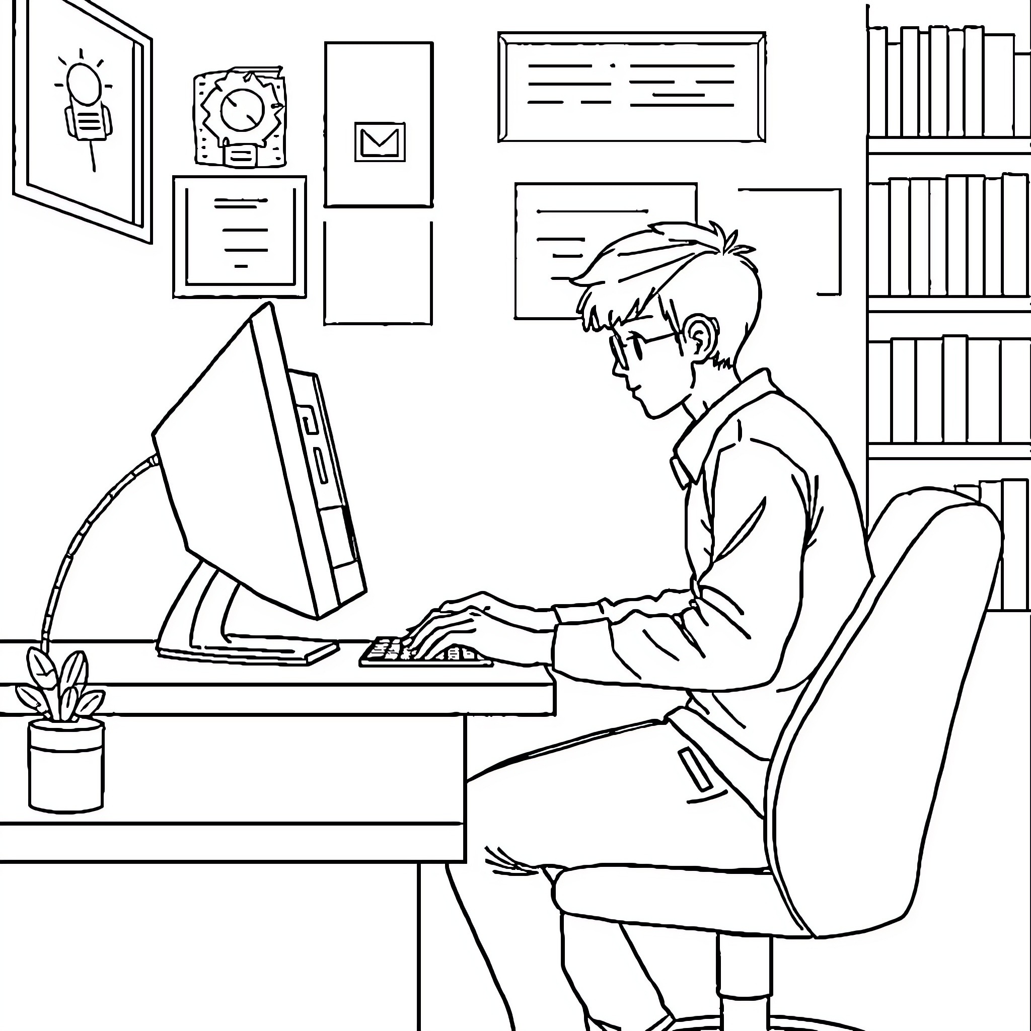 Student studying diligently at computer in classroom Coloring Page (free black-and-white line drawing printable PDF for all, from beginners to advanced learners, including children, teens, adults, and seniors)