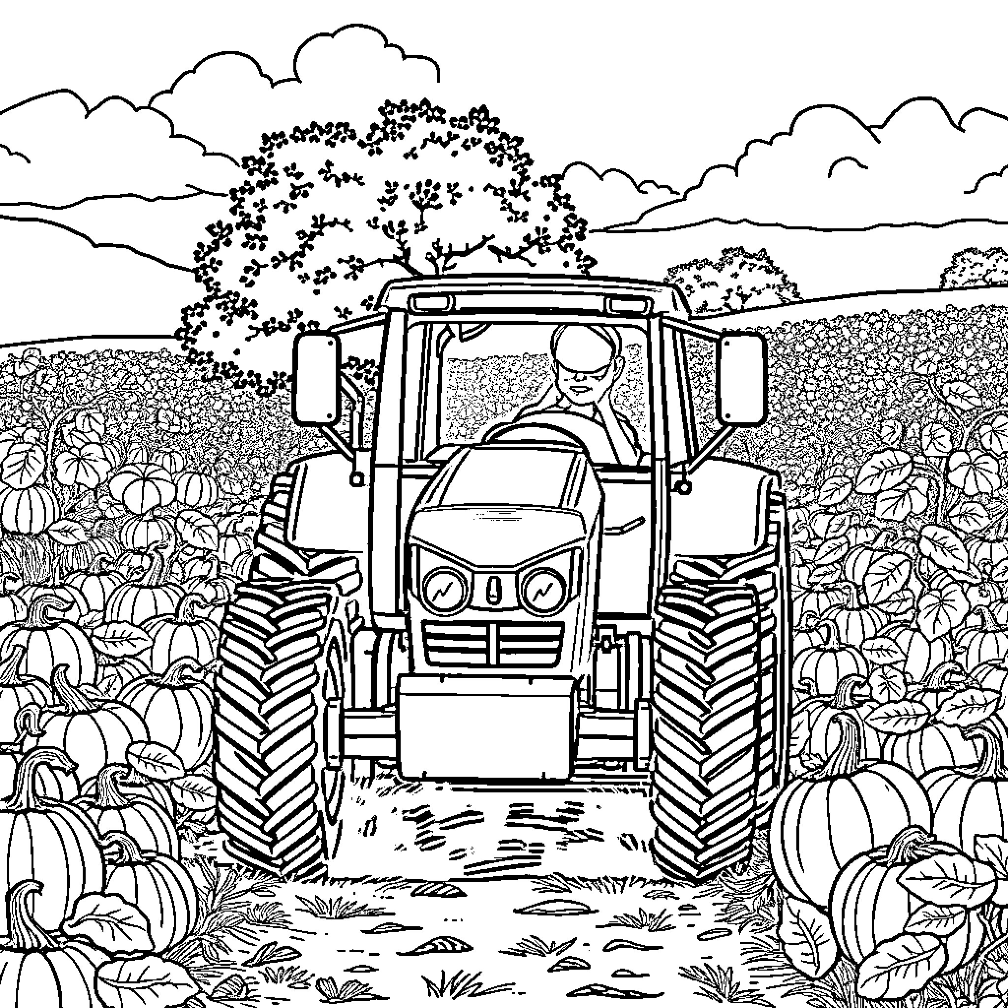 Tractor harvesting pumpkins in the autumn countryside Coloring Page (free black-and-white line drawing printable PDF for all, from beginners to advanced learners, including children, teens, adults, and seniors)