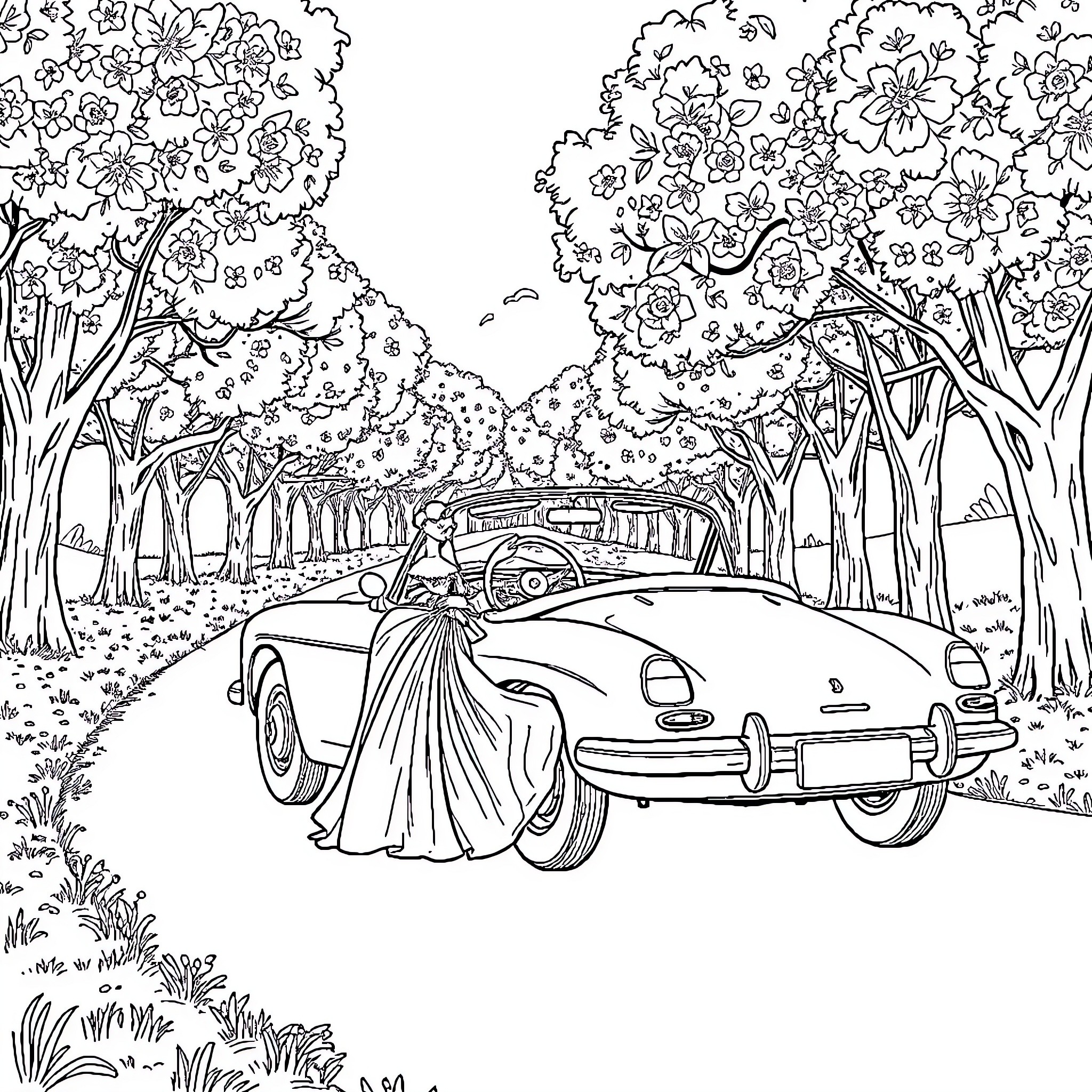 Sleeping Beauty's Enchanting Ride Through the Blossoming Forest Coloring Page (free black-and-white line drawing printable PDF for all, from beginners to advanced learners, including children, teens, adults, and seniors)