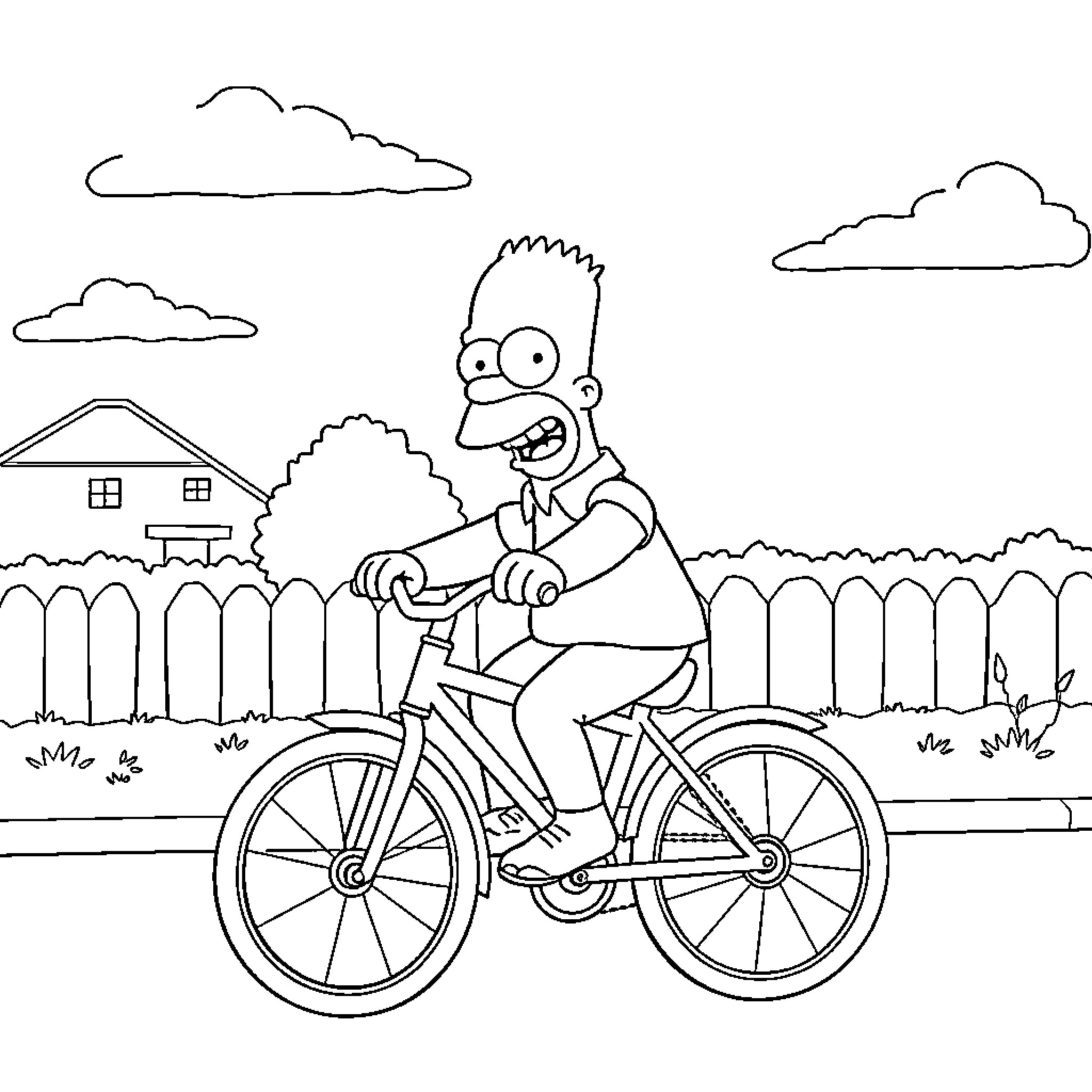 Homer Simpson biking happily in the neighborhood Coloring Page (free black-and-white line drawing printable PDF for all, from beginners to advanced learners, including children, teens, adults, and seniors)