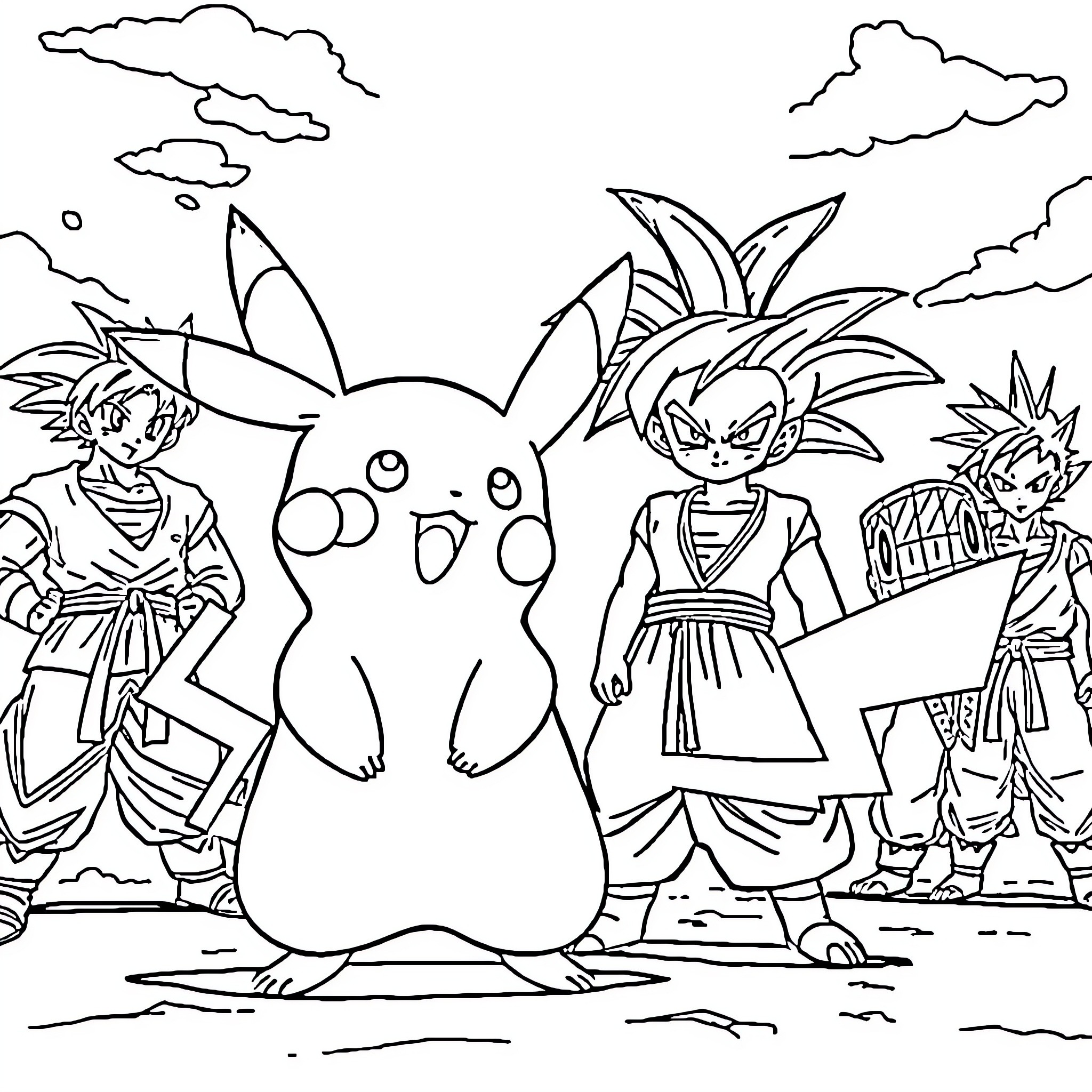 Pikachu and Anime Characters in Outdoor Adventure Coloring Page (free black-and-white line drawing printable PDF for all, from beginners to advanced learners, including children, teens, adults, and seniors)