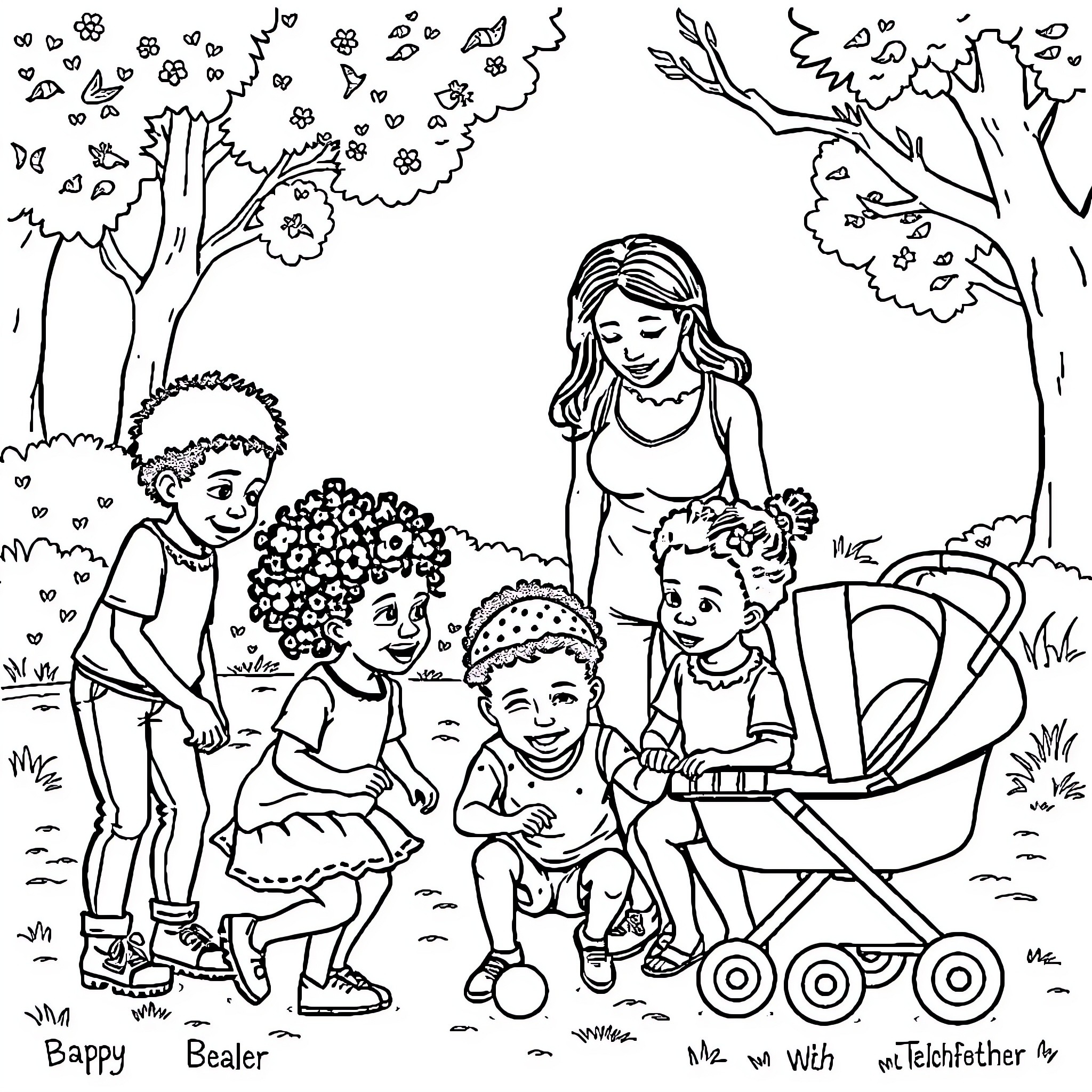 Family enjoying nature with their children Coloring Page (free black-and-white line drawing printable PDF for all, from beginners to advanced learners, including children, teens, adults, and seniors)