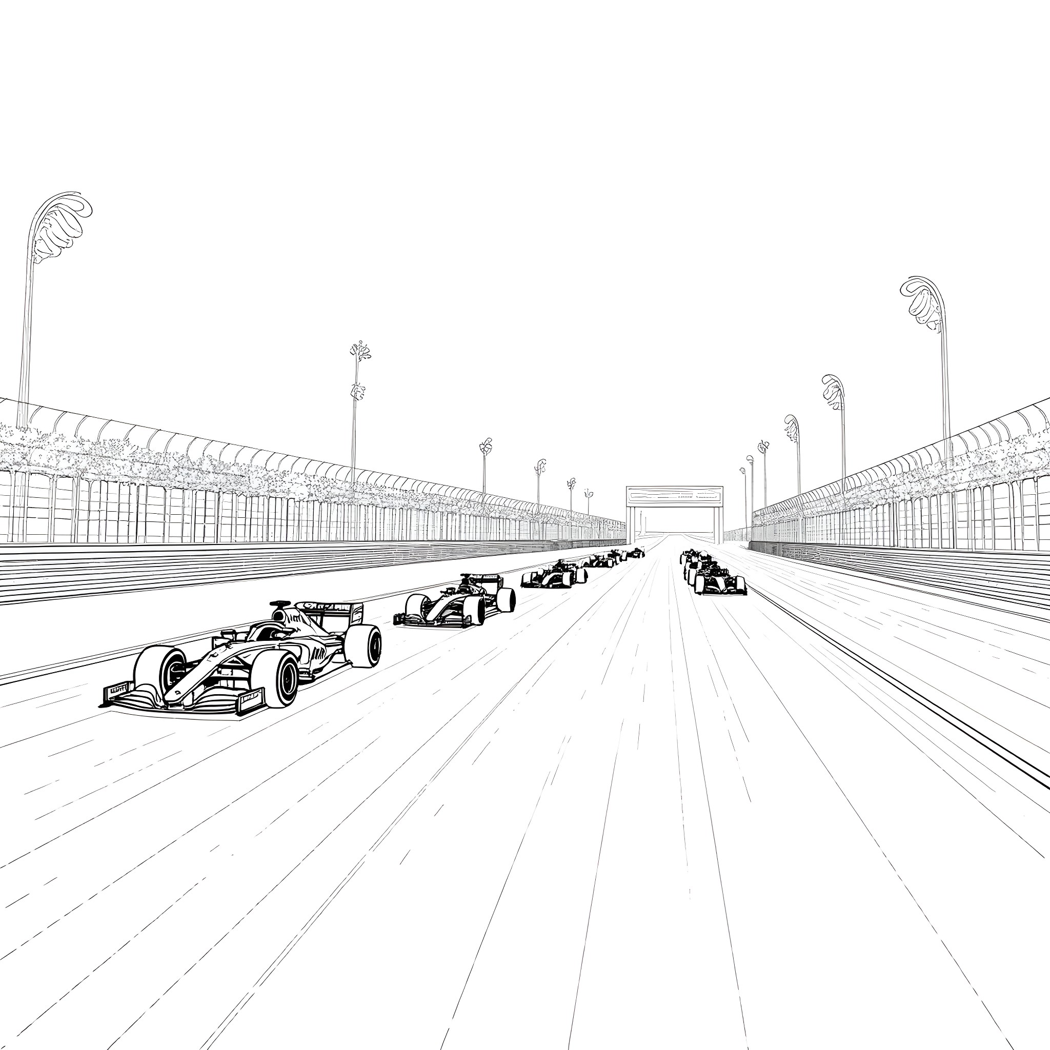 F1 Racers Speeding Down the Circuit Coloring Page (free black-and-white line drawing printable PDF for all, from beginners to advanced learners, including children, teens, adults, and seniors)