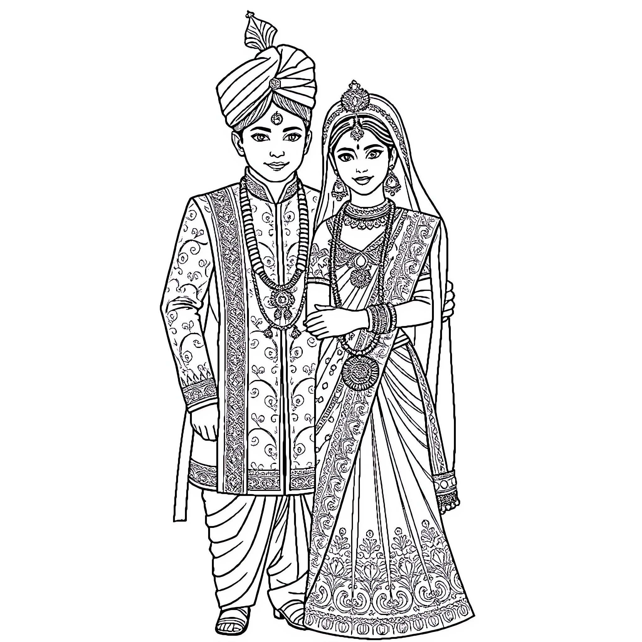 Wedding Couple in Traditional Indian Attire Coloring Page (free black-and-white line drawing printable PDF for all, from beginners to advanced learners, including children, teens, adults, and seniors)