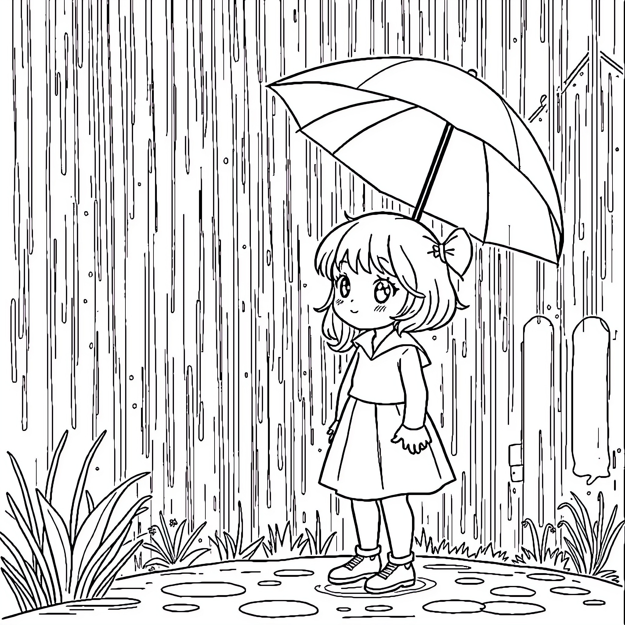 Sophie enjoying a rainy day with her umbrella Coloring Page (free black-and-white line drawing printable PDF for all, from beginners to advanced learners, including children, teens, adults, and seniors)