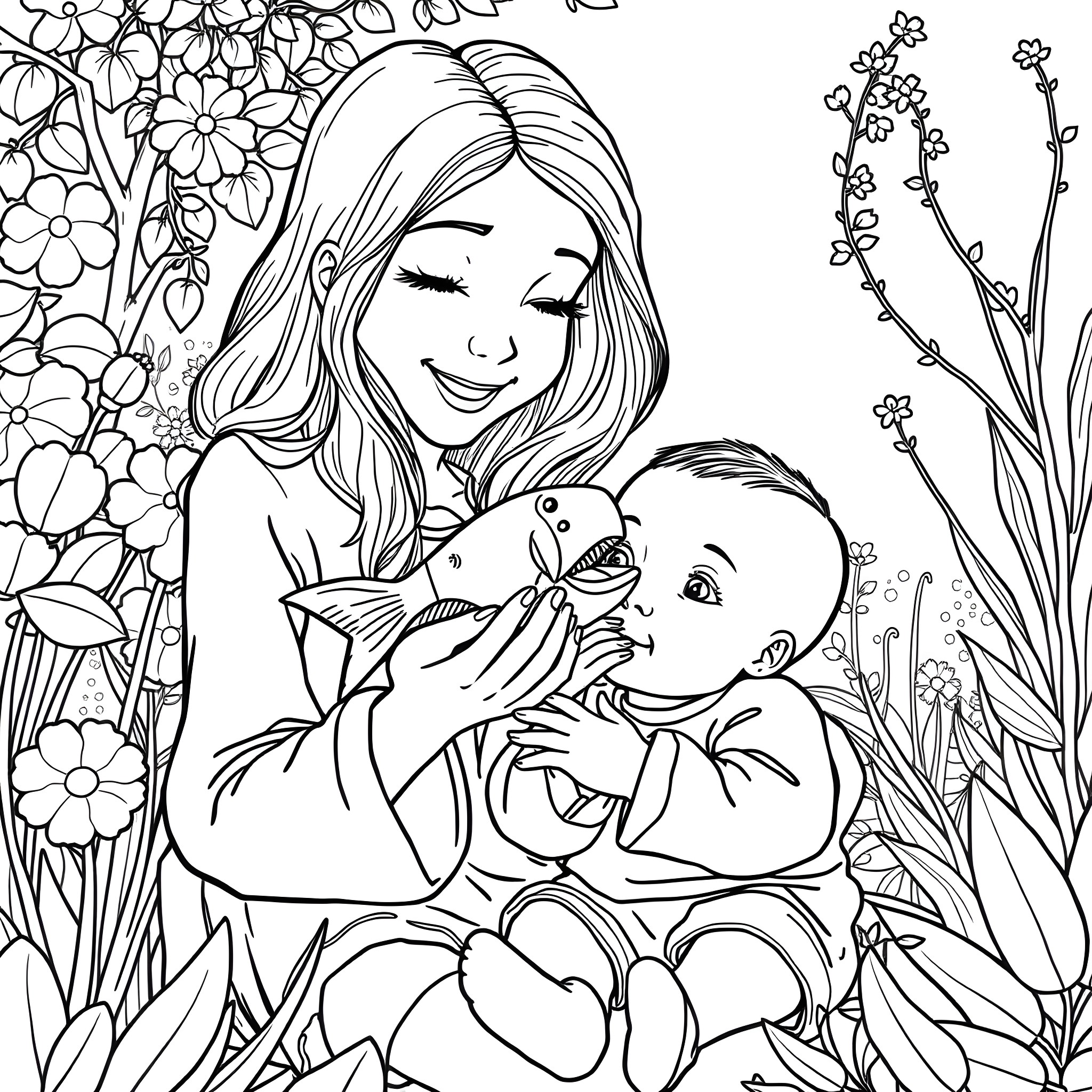 Arielle enjoying nature with a baby Coloring Page (free black-and-white line drawing printable PDF for all, from beginners to advanced learners, including children, teens, adults, and seniors)