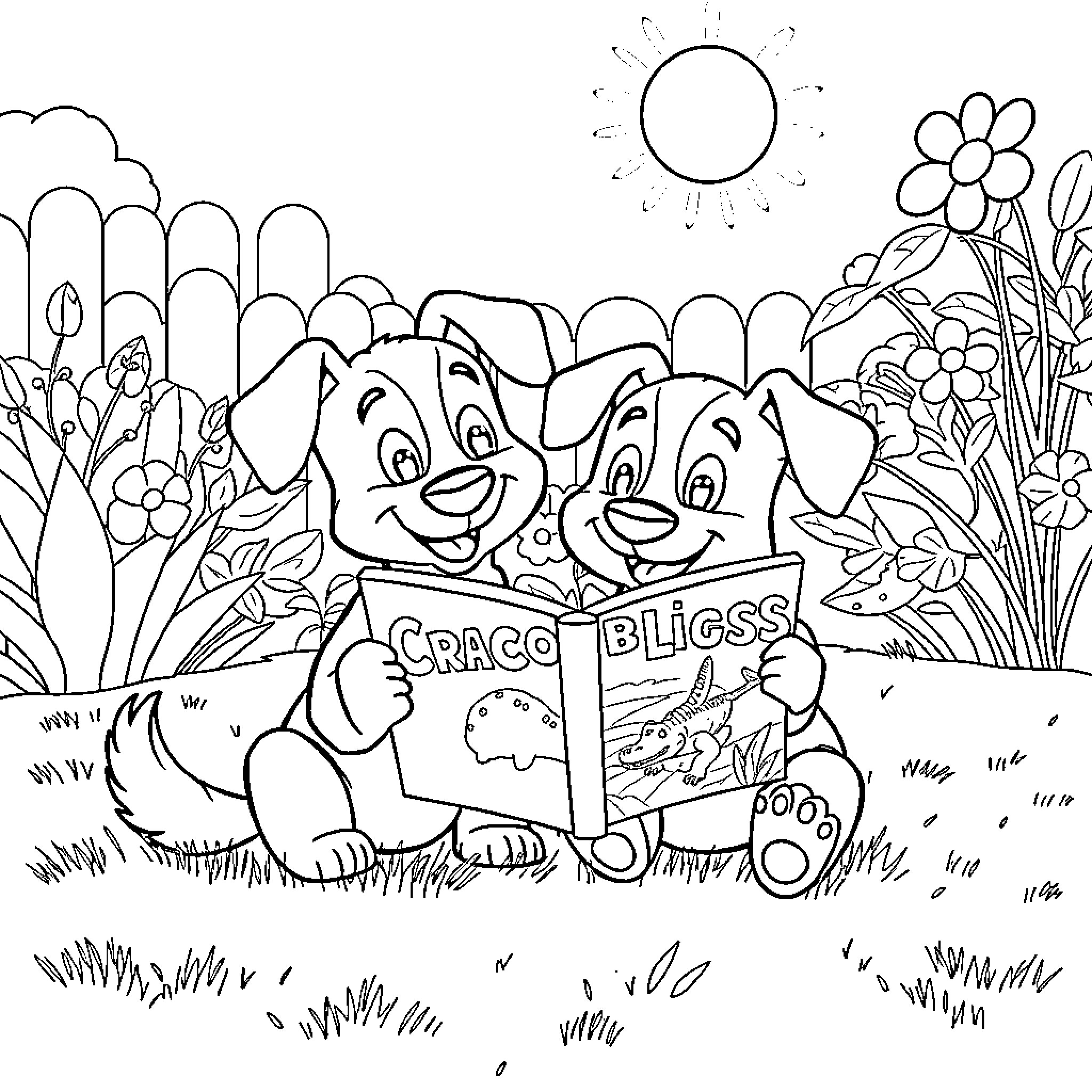 Dogs reading book together in nature Coloring Page (free black-and-white line drawing printable PDF for all, from beginners to advanced learners, including children, teens, adults, and seniors)