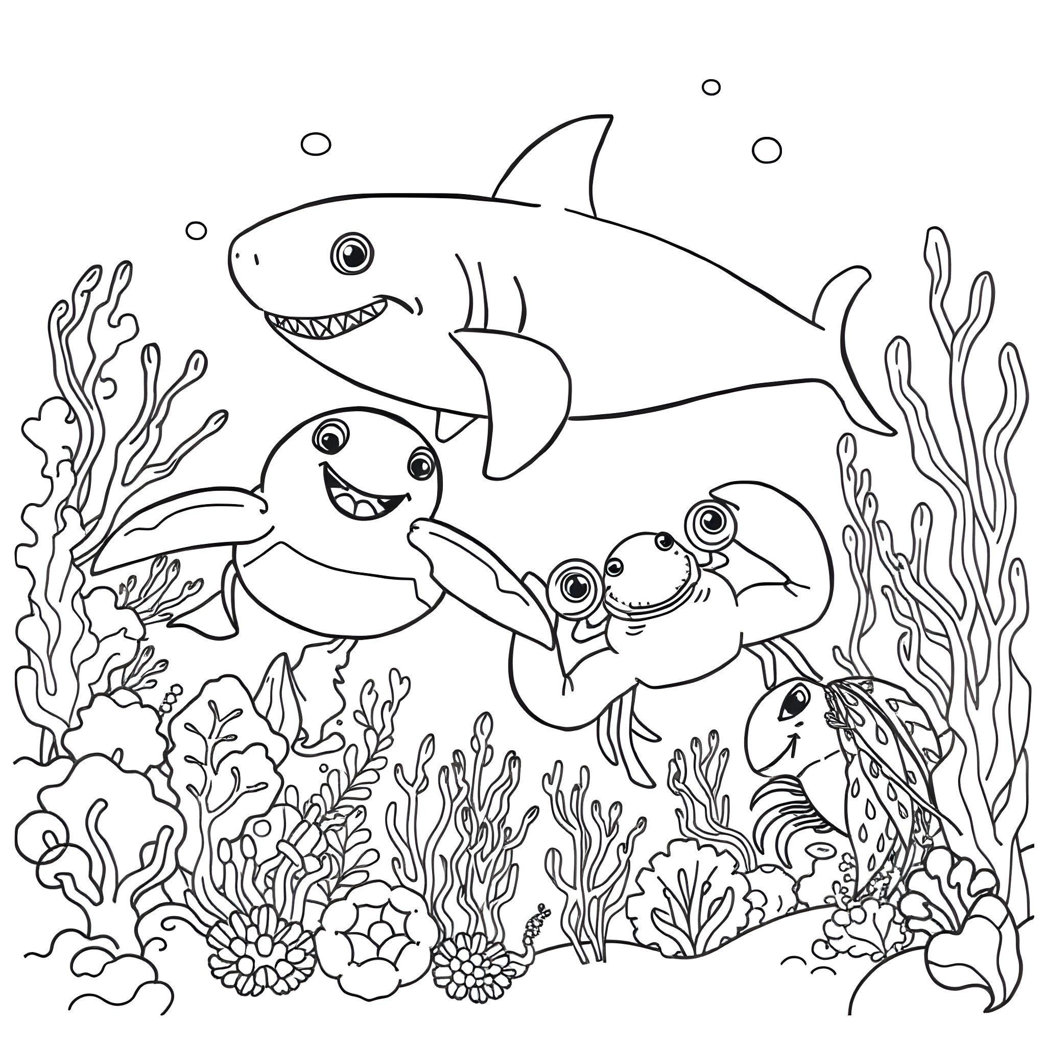 Turtle-shaped family swimming in the ocean Coloring Page (free black-and-white line drawing printable PDF for all, from beginners to advanced learners, including children, teens, adults, and seniors)