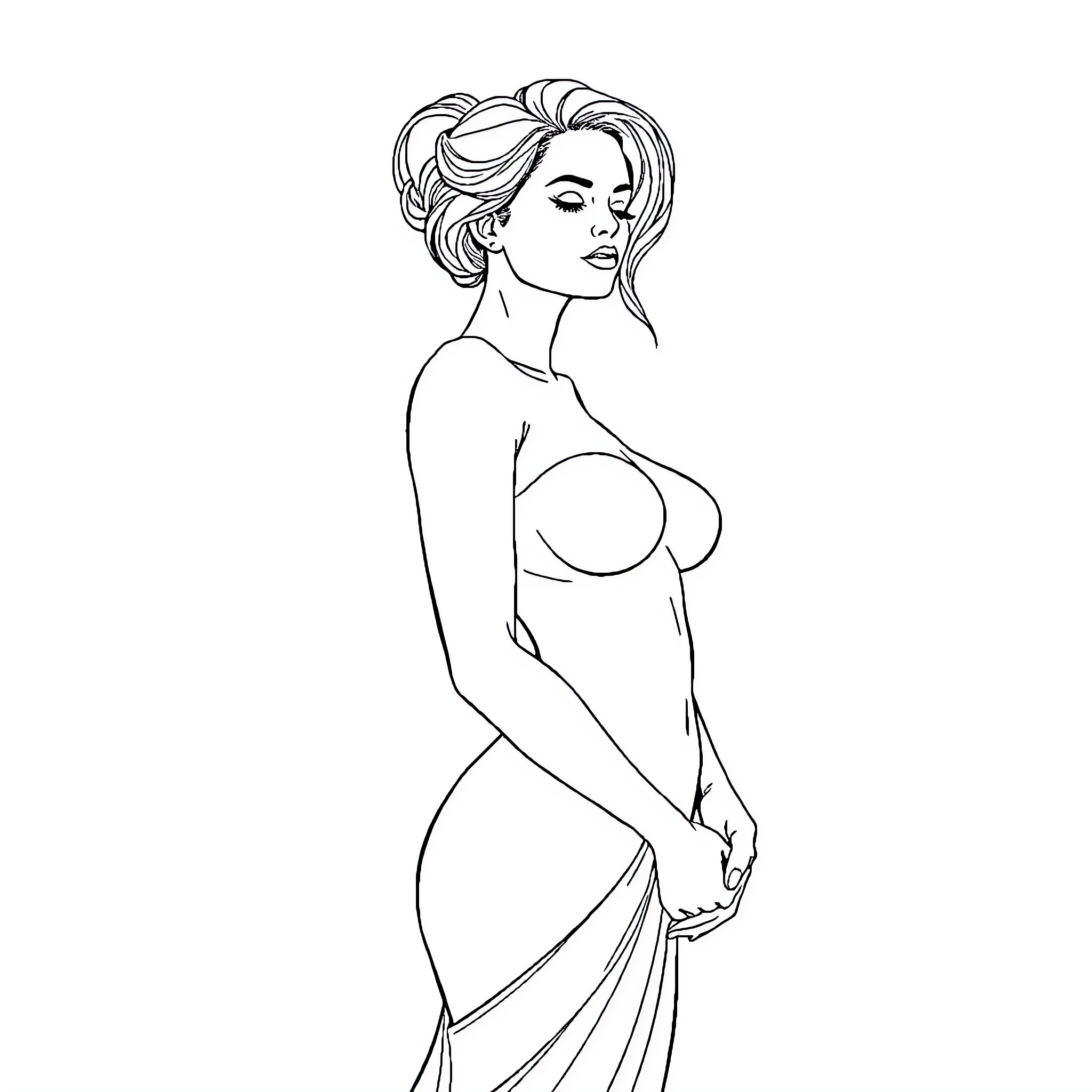 Woman in elegant dress with thoughtful expression Coloring Page (free black-and-white line drawing printable PDF for all, from beginners to advanced learners, including children, teens, adults, and seniors)